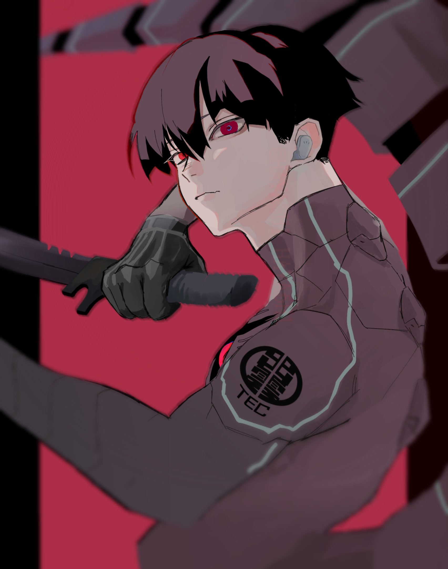 hoshina soshiro, kaijuu no. 8, highres, 1boy, arm up, black bodysuit, black gloves, black hair, bodysuit, closed mouth, cowboy shot, frown, gloves, hayashi haya5h1, holding, holding sword, holding weapon, male focus, pillarboxed, red eyes, reverse grip, short sideburns, solo, sword, tail, weapon