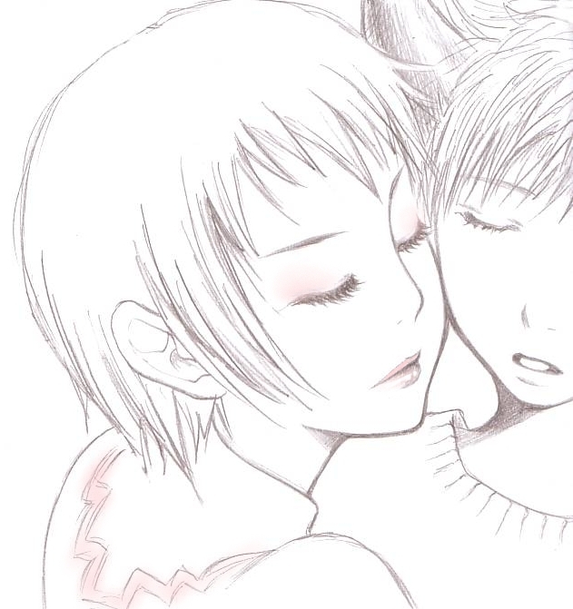 ico (character), yorda, ico, 1boy, 1girl, cheek-to-cheek, closed eyes, eyelashes, heads together, horns, lips, lipstick, makeup, monochrome, multicolored hair, pink theme, portrait, sketch, spot color, streaked hair