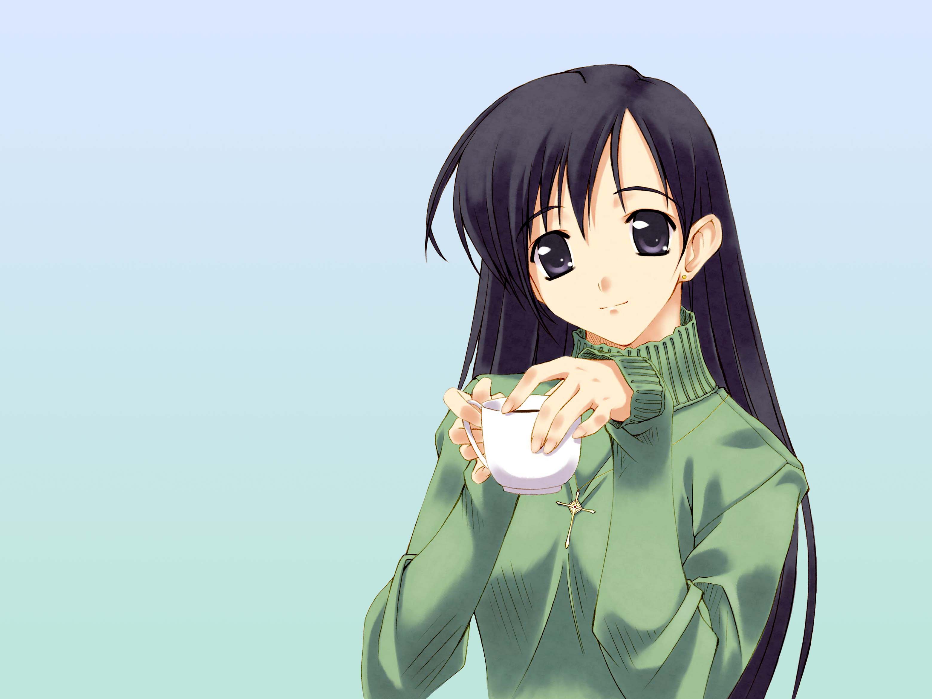 murakami suigun, highres, 1girl, black eyes, black hair, cup, female focus, green shirt, long hair, shirt, solo, sweater