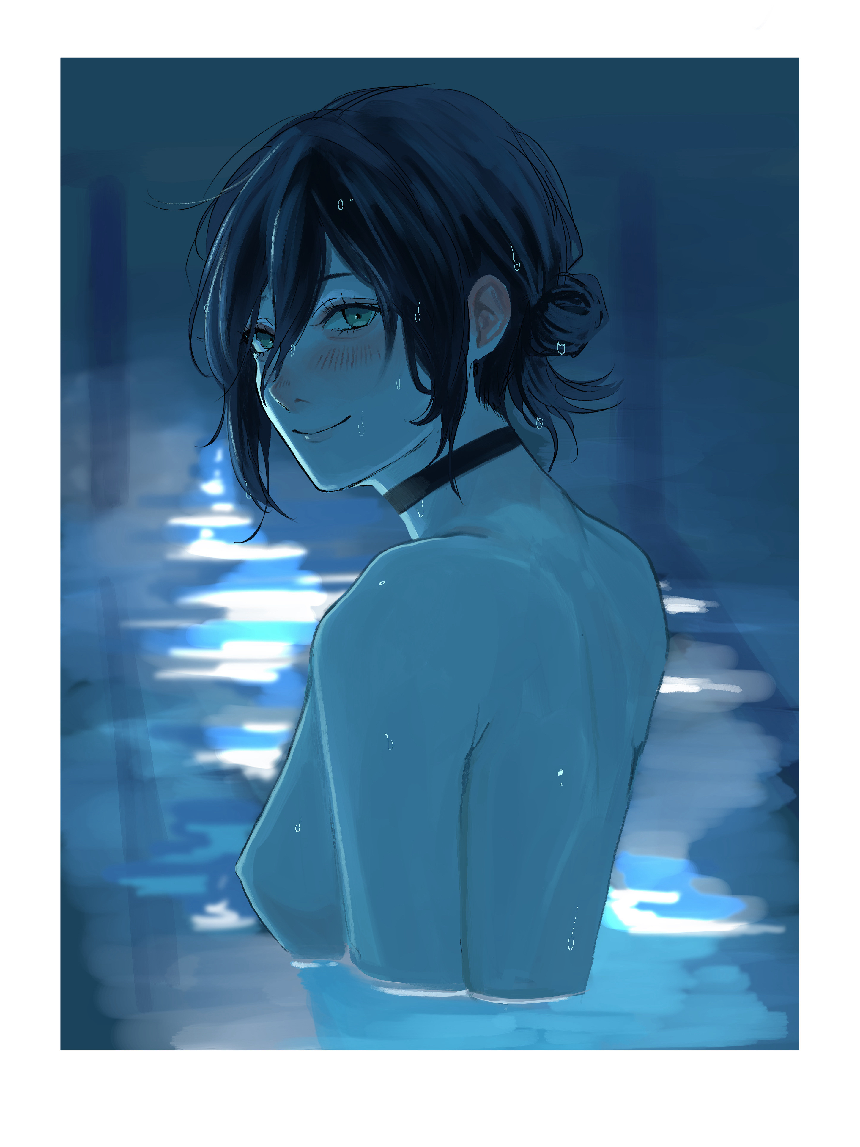 reze (chainsaw man), chainsaw man, absurdres, highres, 1girl, black choker, black hair, blush, breasts, choker, green eyes, in water, lily 0411, looking at viewer, nude, ripples, short hair, shoulder blades, sideboob, sidelocks, smile, solo, upper body, water, wet
