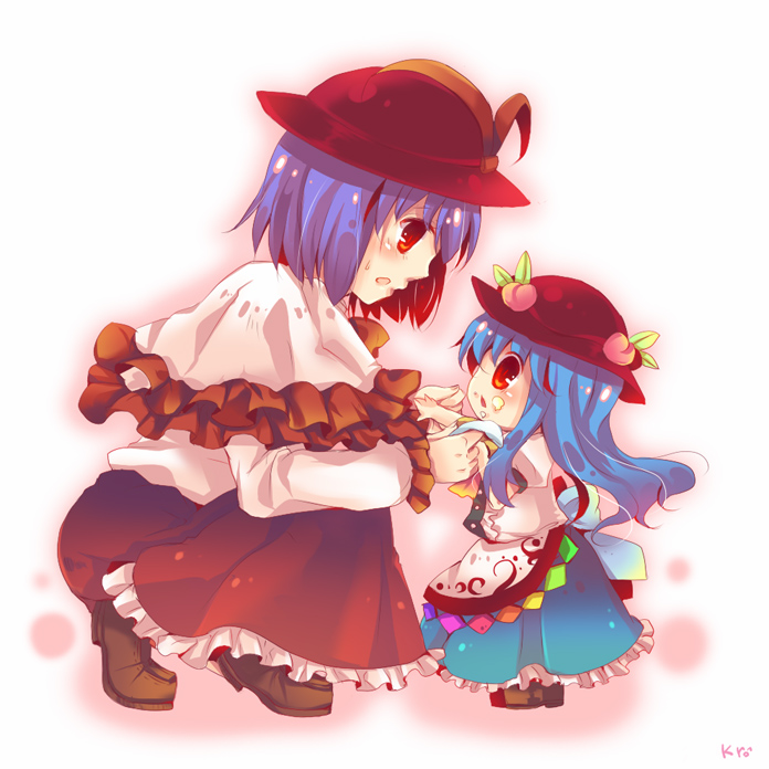kirero, hinanawi tenshi, nagae iku, touhou, bad id, bad pixiv id, 2girls, aged down, blue hair, food, food on face, fruit, hat, long hair, multiple girls, peach, purple hair, ribbon, short hair