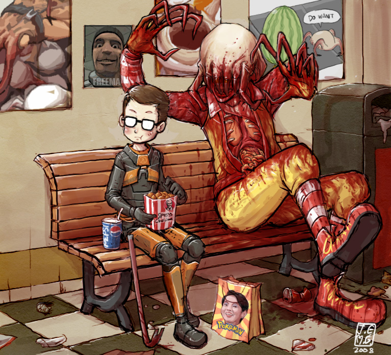j-e-m-g, bullsquid, gordon freeman, headcrab, john freeman, ronald mcdonald, half-life, half-life (series), half-life 2, kfc, mcdonald's, nintendo, pepsi, pokemon, 1boy, aged down, bag, bench, blood, can, crowbar, cup, drink, food, fruit, glasses, gordon frohman, guro, intestines, parody, poster (medium), poster (object), trash, trash can, watermelon, what, zombie