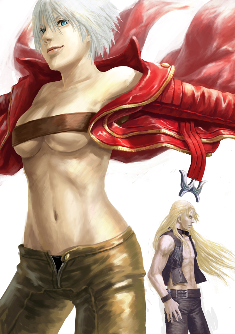 senri, shigumo (shigeru), dante (devil may cry), trish (devil may cry), capcom, devil may cry, devil may cry (series), devil may cry 3, bad id, bad pixiv id, 00s, 1boy, 1girl, belt bra, blonde hair, genderswap, genderswap (ftm), genderswap (mtf), white hair