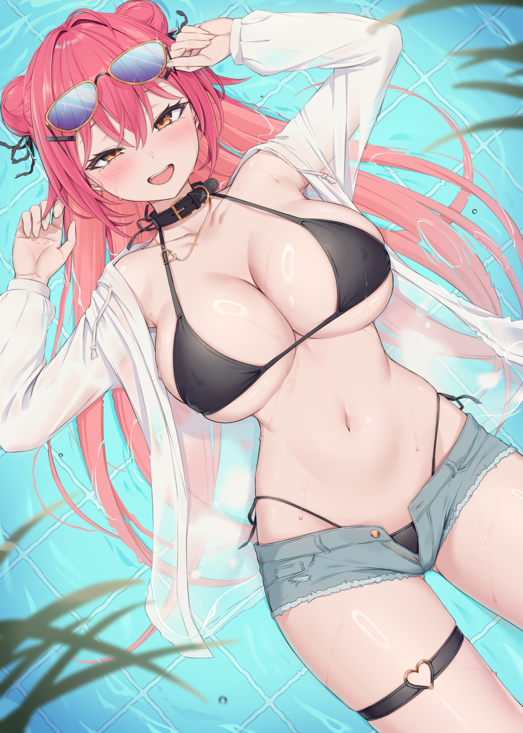 heartsix, original, commentary request, highres, 1girl, afloat, ahoge, armpits, arms up, bikini, black bikini, black choker, breasts, choker, cleavage, collarbone, covered erect nipples, cutoffs, denim, denim shorts, double bun, drawstring, eyewear on head, gluteal fold, grey shorts, hair bun, hair ornament, halterneck, heart, heart o-ring, highleg, highleg bikini, jacket, jewelry, large breasts, long hair, long sleeves, looking at viewer, lying, mao (heartsix), micro shorts, navel, necklace, o-ring, on back, open clothes, open fly, open jacket, open mouth, orange eyes, pink hair, short shorts, shorts, side-tie bikini bottom, skindentation, smile, solo, stomach, strap gap, string bikini, sunglasses, swimsuit, thigh strap, thighs, tile floor, tiles, very long hair, water, wet, wet jacket, white jacket, x hair ornament, yellow-framed eyewear