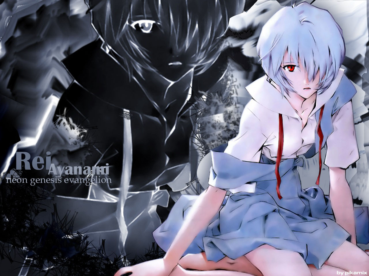 sadamoto yoshiyuki, ayanami rei, neon genesis evangelion, 1girl, blue hair, female focus, hair over one eye, kneeling, pale skin, red eyes, school uniform, serafuku, short hair, solo, strap slip, zoom layer