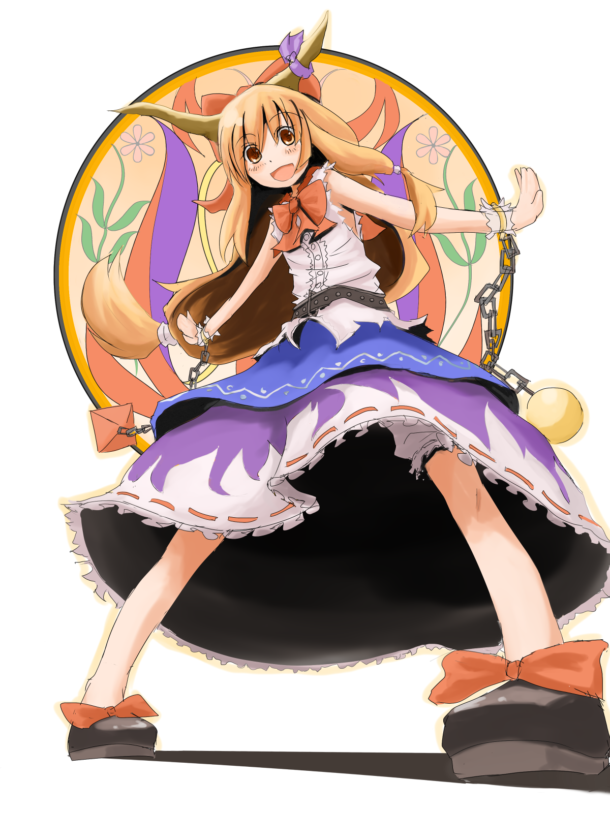 kokotetsu, ibuki suika, touhou, bad id, bad pixiv id, highres, 1girl, brown hair, chain, female focus, horns, long hair, no socks, orange hair, ribbon, solo