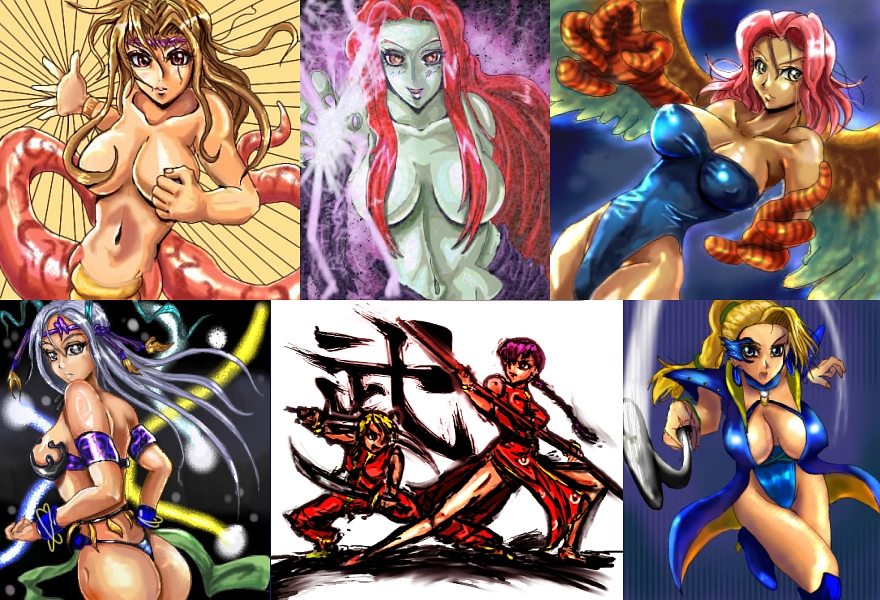 tanaka tsuyushi, harcypete, nevan, veronica vera, yunalesca, capcom, devil may cry, devil may cry (series), devil may cry 3, final fantasy, final fantasy v, final fantasy x, live a live, seiken densetsu, seiken densetsu 3, shadow hearts, shadow hearts ii, bad id, bad pixiv id, character request, 00s, 1990s (style), 6+girls, ass, breasts, censored, china dress, chinese clothes, cleavage, colored skin, convenient censoring, dress, green skin, harpy, lamia, large breasts, legs, monster girl, multiple girls, nude, red hair, retro artstyle, scales, sideboob, thighs