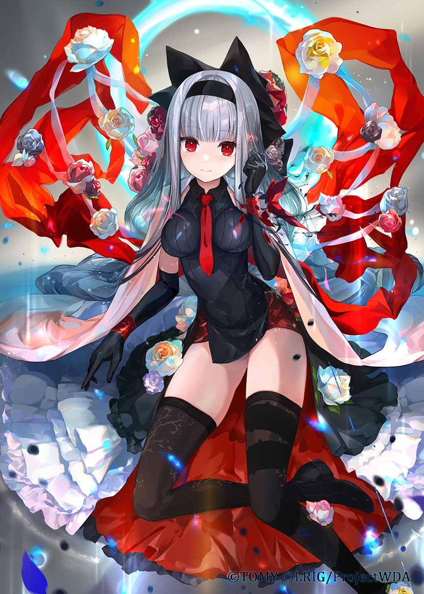 virus (obsession), alfou (wixoss), wixoss, highres, official art, 1girl, black dress, black flower, black gloves, black hairband, black rose, black shoes, black thighhighs, blue flower, blue rose, breasts, closed mouth, copyright notice, dress, elbow gloves, flower, frilled dress, frills, gloves, grey hair, hagoromo, hair flower, hair ornament, hairband, long hair, looking at viewer, necktie, petals, red flower, red necktie, red rose, rose, shawl, shoes, solo, thighhighs, very long hair, yellow flower, yellow rose