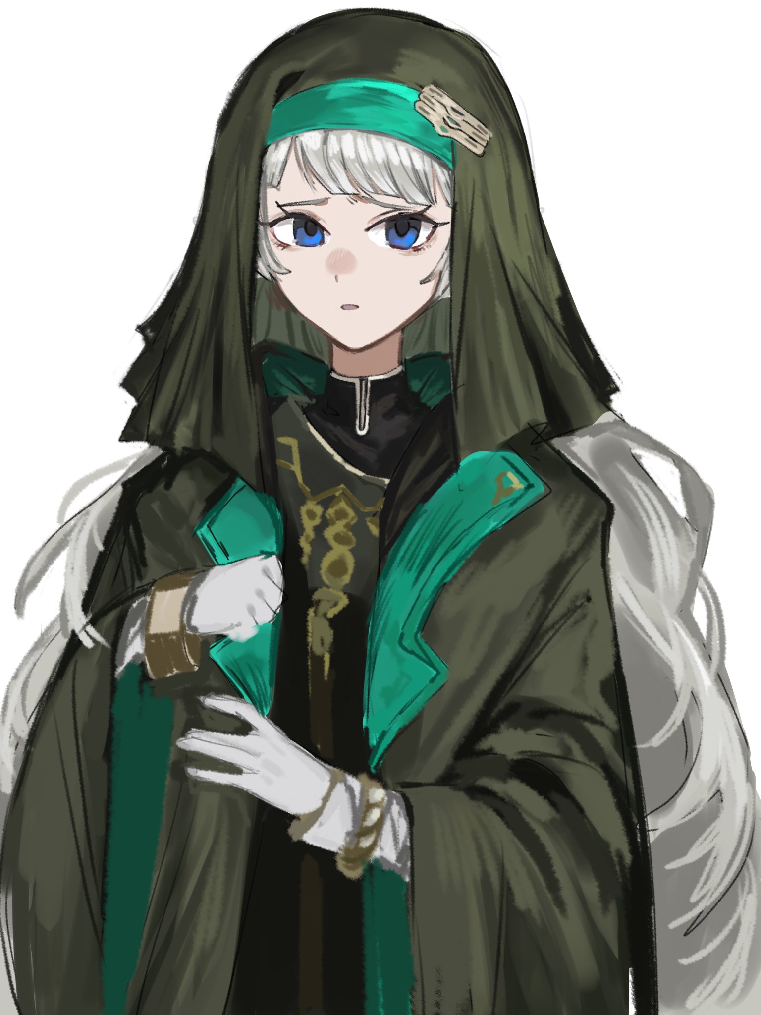 ameme 0204, arknights, limbus company, project moon, highres, 1girl, armlet, blue eyes, bracelet, gold bracelet, green robe, hood, jewelry, long hair, mayors (arknights), pointy ears, robe, white hair