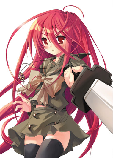 alastor (shakugan no shana), shana, shakugan no shana, non-web source, 00s, 1girl, female focus, jewelry, long hair, pendant, red eyes, red hair, school uniform, serafuku, solo, sword, thighhighs, weapon
