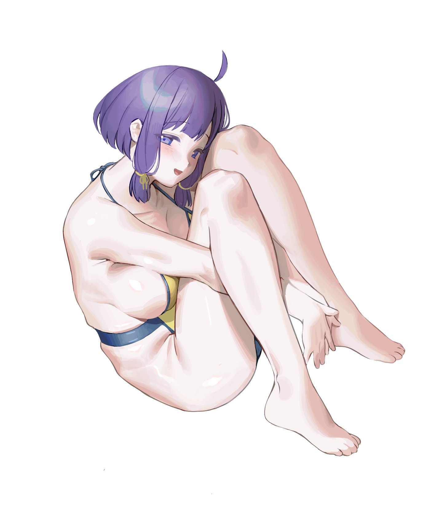 dengen kiru, hotori misaki, nukigee mitai na shima ni sunderu watashi wa dou surya ii desu ka?, highres, 1girl, :d, ahoge, armpit peek, bare shoulders, barefoot, blue eyes, blush, breasts, casual one-piece swimsuit, collarbone, halterneck, hugging own legs, large breasts, looking at viewer, one-piece swimsuit, open mouth, own hands together, parted bangs, purple hair, ribbon, shirt, shoes, short hair, sideboob, sideless swimsuit, simple background, sitting, smile, solo, striped clothes, striped one-piece swimsuit, swimsuit, white background, white shirt, yellow one-piece swimsuit, yellow ribbon