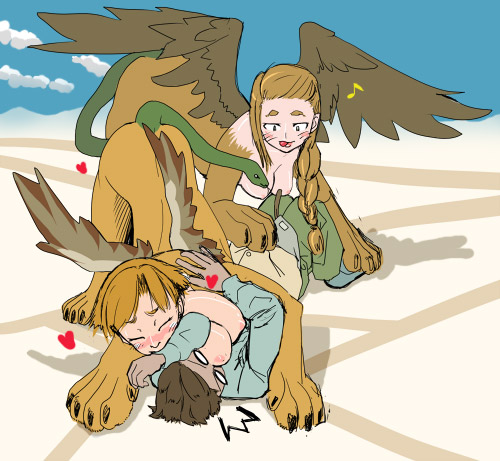 lowres, non-web source, 1boy, 2girls, ^^^, bdsm, biting, blush, bondage, bound, braid, breast smother, breasts, brown hair, centauroid, chimera, clothed male nude female, cloud, day, desert, face to breasts, feathered wings, heart, hetero, hug, long hair, medium breasts, monster girl, multiple girls, nipples, nude, o o, pet play, short hair, single braid, sky, snake, snake head tail, snake tail, sphinx, tail, taur, tongue, undressing, wings