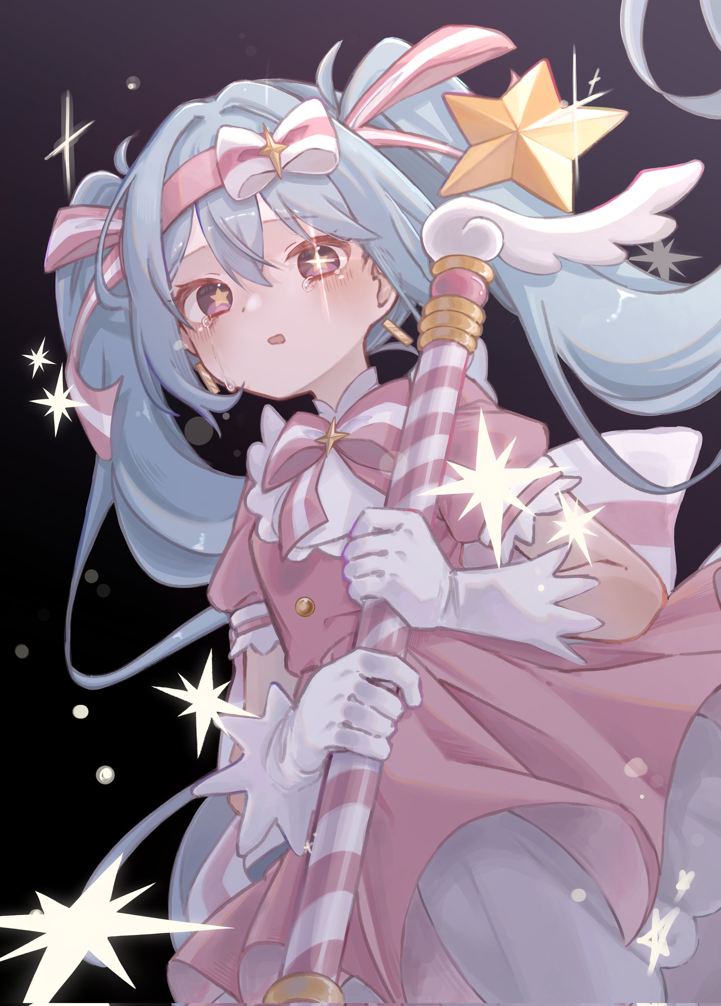 muyanmi, hatsune miku, vocaloid, highres, 1girl, aqua hair, bow, dress, gloves, holding, ima sugu rinne (vocaloid), long hair, looking at viewer, open mouth, pink bow, pink dress, solo, star-shaped pupils, star (symbol), symbol-shaped pupils, twintails, very long hair, white gloves