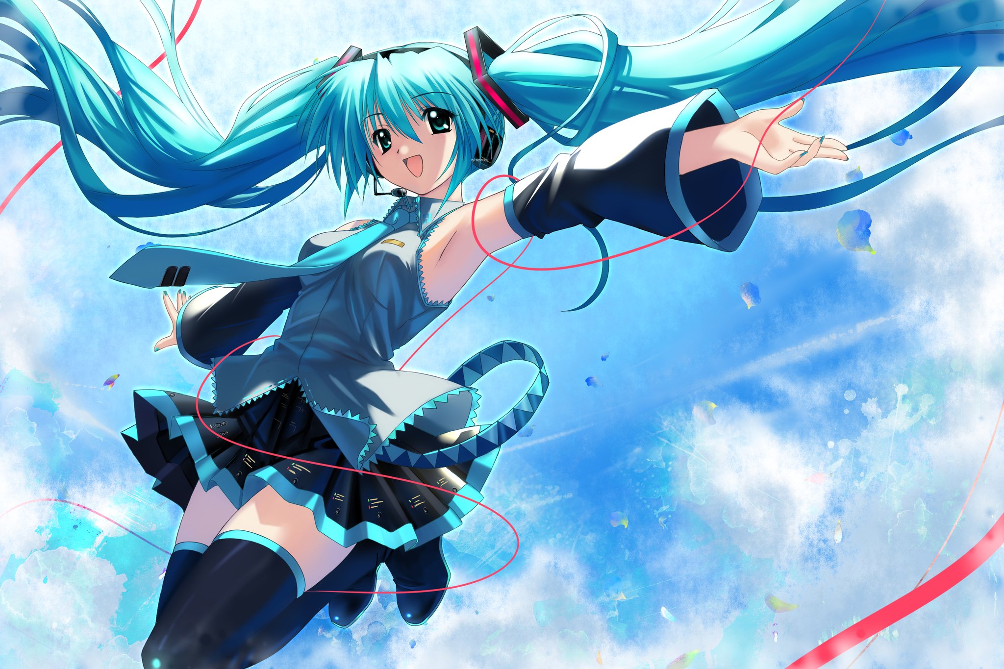 roozaku, hatsune miku, vocaloid, commentary, highres, 1girl, aqua eyes, aqua hair, aqua nails, aqua necktie, aqua trim, armpits, black skirt, boots, breasts, collared shirt, detached sleeves, grey shirt, hair between eyes, hair ornament, headset, long hair, long sleeves, medium breasts, necktie, open mouth, pleated skirt, shirt, skirt, sleeveless, sleeveless shirt, smile, solo, thigh boots, twintails, wide sleeves