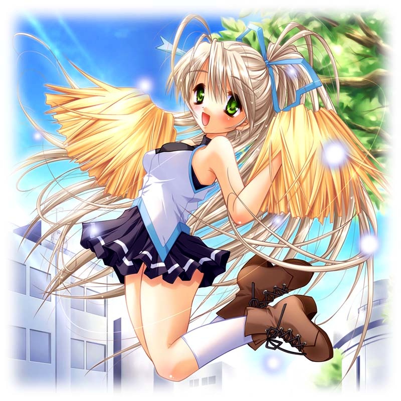 asahina erika, jpeg artifacts, non-web source, 1girl, :d, brown hair, cheerleader, female focus, green eyes, jumping, long hair, open mouth, pom pom (cheerleading), ponytail, smile, solo