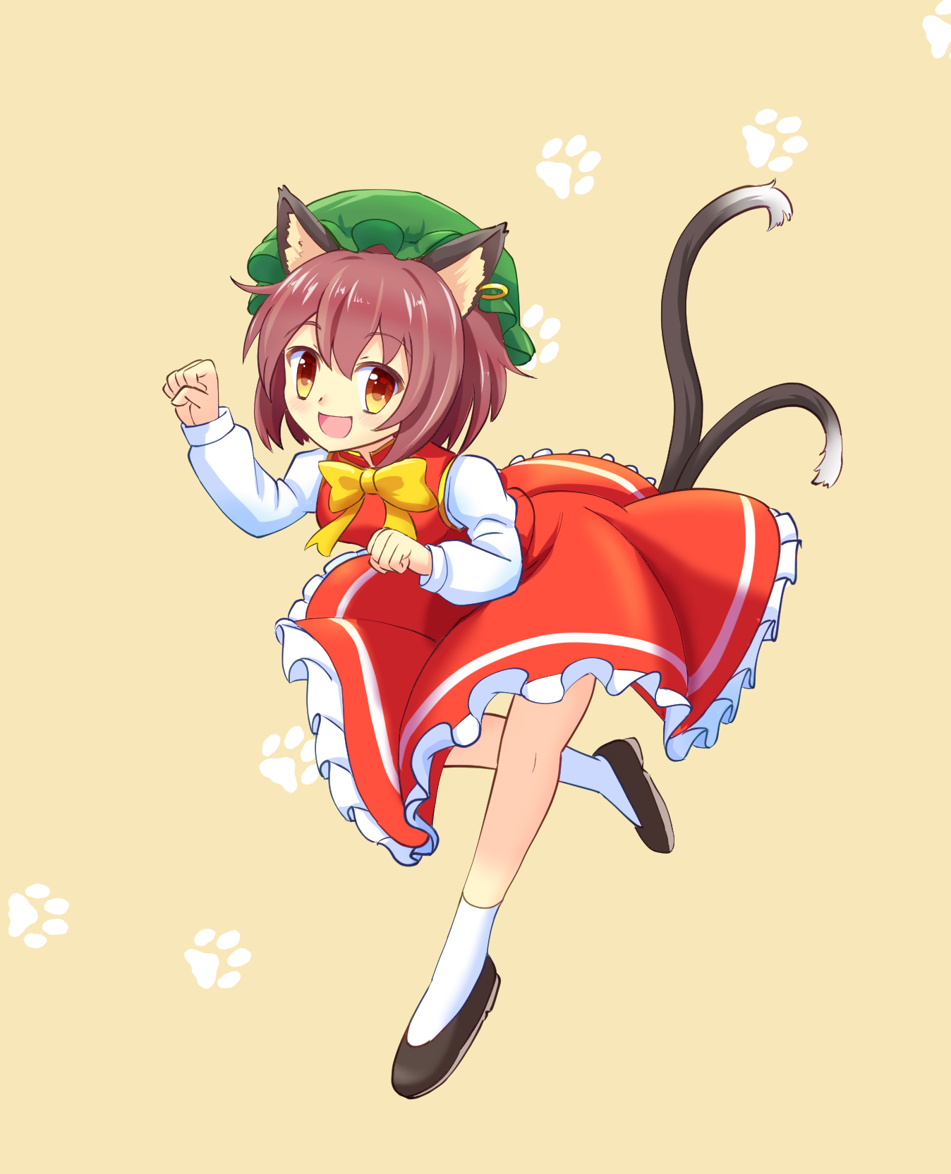 yoruniwa, chen, touhou, commentary request, highres, 1girl, :d, animal ear fluff, animal ear piercing, animal ears, bow, bowtie, breasts, brown background, brown eyes, brown hair, cat ears, cat tail, earrings, frills, full body, hair between eyes, hands up, happy, hat, jewelry, juliet sleeves, leaning forward, light blush, long sleeves, medium breasts, mob cap, multiple tails, nekomata, open mouth, paw pose, paw print, paw print background, petticoat, puffy long sleeves, puffy sleeves, red skirt, red vest, short hair, simple background, single earring, skirt, skirt set, smile, solo, tail, two tails, vest, yellow bow, yellow bowtie