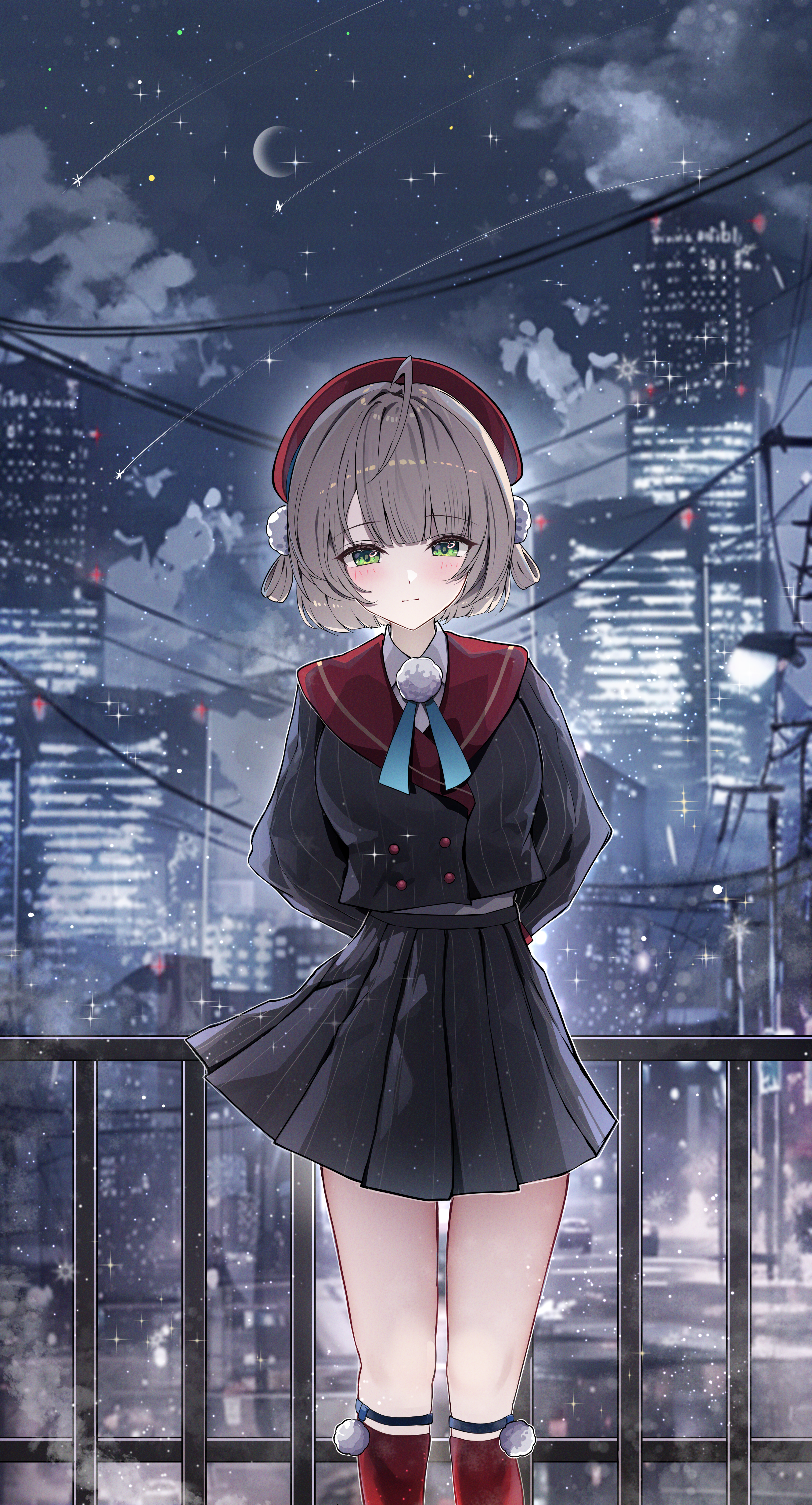 yeni1871, shigure ui (vtuber), shigure ui (vtuber) (1st costume), indie virtual youtuber, absurdres, highres, 1girl, beret, black skirt, blush, brown hair, closed mouth, crescent moon, green eyes, hair ornament, hair rings, hat, looking at viewer, moon, night, night sky, pinstripe jacket, pinstripe pattern, pinstripe skirt, pom pom (clothes), pom pom hair ornament, railing, red hat, red sailor collar, red socks, sailor collar, shirt, short hair, side up ring, skirt, sky, socks, solo, thighs, virtual youtuber, white shirt