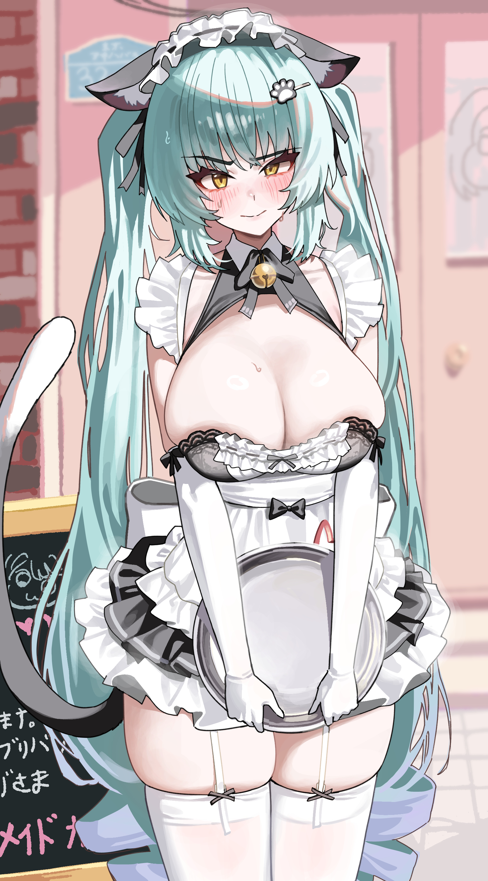 privaty (nikke), privaty (unkind maid) (nikke), goddess of victory: nikke, absurdres, commentary request, highres, 1girl, animal ears, apron, aqua hair, bell, black dress, blush, breasts, cat ears, cat tail, cleavage, dress, fake animal ears, fake tail, freeman (tkuh4475), garter straps, holding, holding plate, indoors, large breasts, long hair, maid, maid apron, maid headdress, neck bell, official alternate costume, plate, solo, tail, thighhighs, thighs, twintails, very long hair, white apron, white garter straps, white thighhighs, yellow eyes, zettai ryouiki