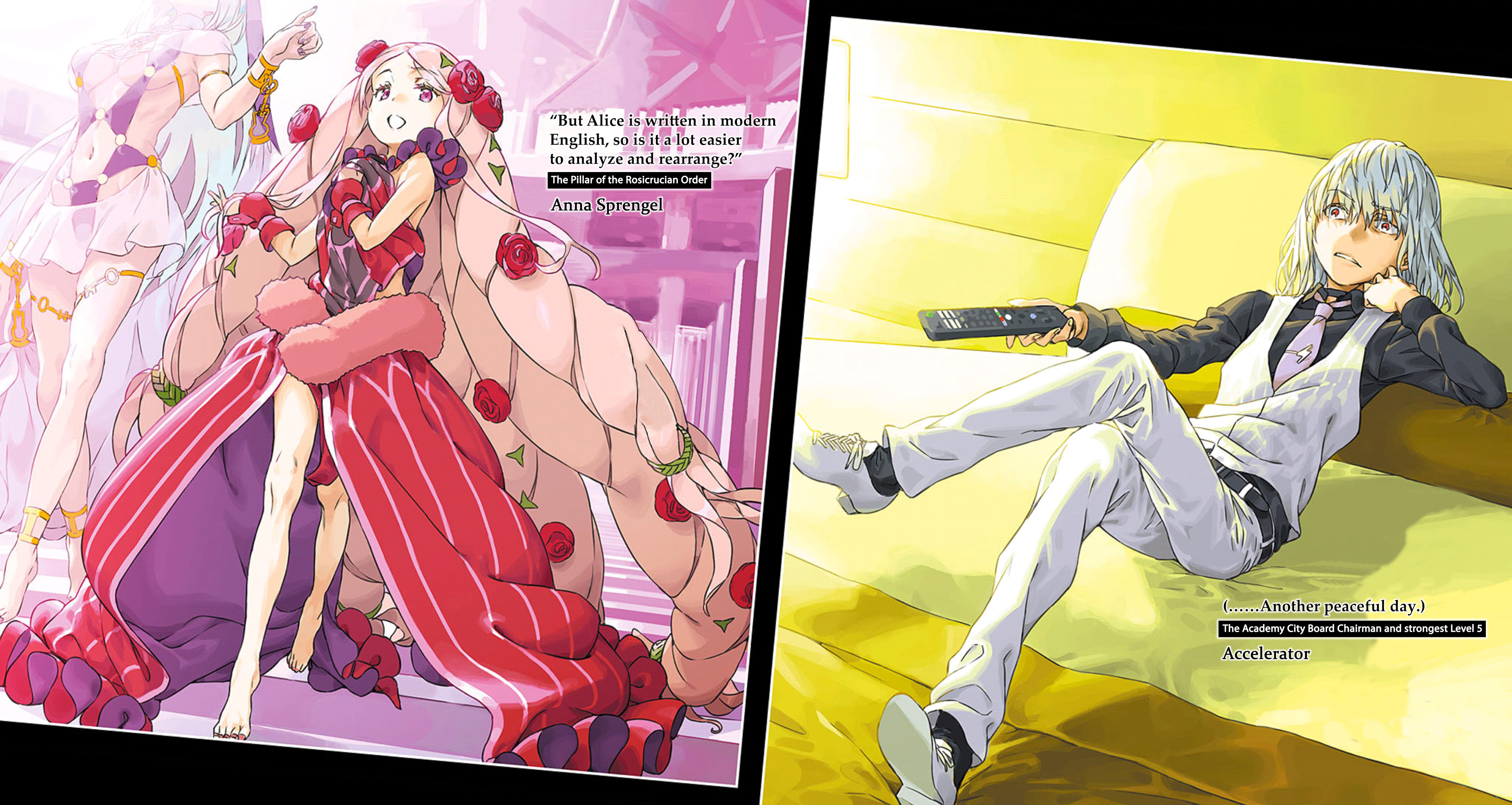 haimura kiyotaka, accelerator (toaru majutsu no index), anna sprengel, aradia (toaru), toaru majutsu no index, toaru majutsu no index: genesis testament, absurdres, highres, novel illustration, official art, 1boy, 2girls, absurdly long hair, aged down, albino, armlet, bare legs, bare shoulders, barefoot, big hair, bikini, black choker, black leotard, black shirt, blue hair, bracelet, breasts, capelet, character profile, choker, cleavage, clothing cutout, controller, covering breasts, covering privates, cowboy shot, crossed legs, dress, dress flower, english text, flower, frills, full body, gold bracelet, grey vest, hair flower, hair ornament, hand in own hair, hand on own chin, hand on own face, hand up, holding, holding remote control, jewelry, large breasts, leotard, long hair, looking at viewer, medium hair, multicolored leotard, multiple girls, nail polish, navel, open mouth, out of frame, oversized clothes, pants, pink eyes, pink hair, pinstripe pattern, pinstripe vest, purple bikini, purple dress, purple eyes, purple nails, purple veil, red eyes, red flower, red leotard, red nails, red rose, remote control, revealing clothes, rose, rosenkreutz, see-through capelet, see-through clothes, see-through skirt, shirt, shoelaces, shoes, sideboob, sitting, skirt, standing, stomach, striped clothes, striped vest, swimsuit, thighlet, tiptoes, toenail polish, toenails, underboob, veil, very long hair, vest, waist cape, walking, white hair, white pants, white shoes, witch