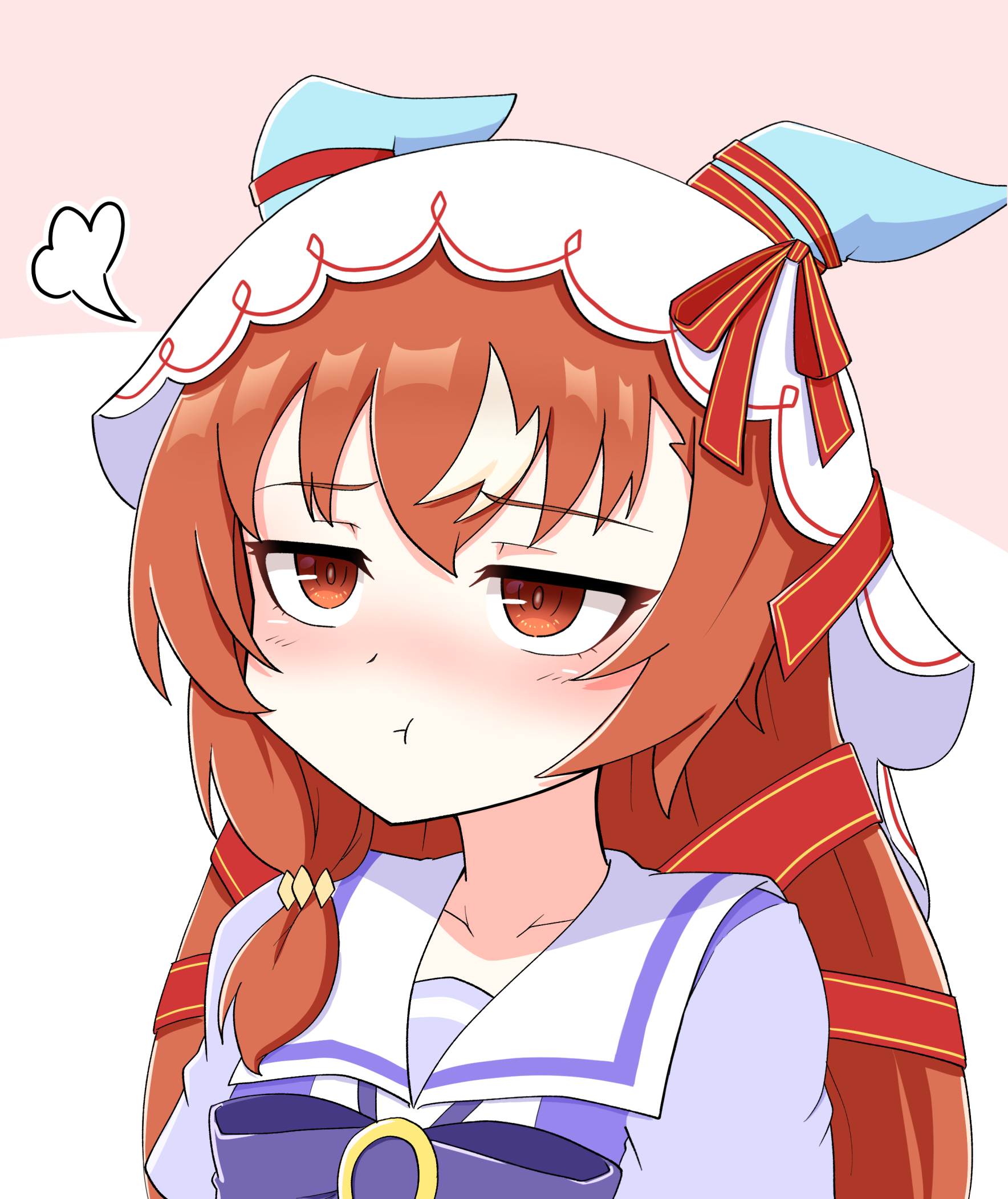 azusa (azusa0325), still in love (umamusume), umamusume, ears back, commentary request, highres, 1girl, animal ears, blush, brown hair, closed mouth, ear covers, hair between eyes, hair over shoulder, horse ears, horse girl, pout, puff of air, red eyes, school uniform, simple background, solo, tracen school uniform, upper body, veil, white veil