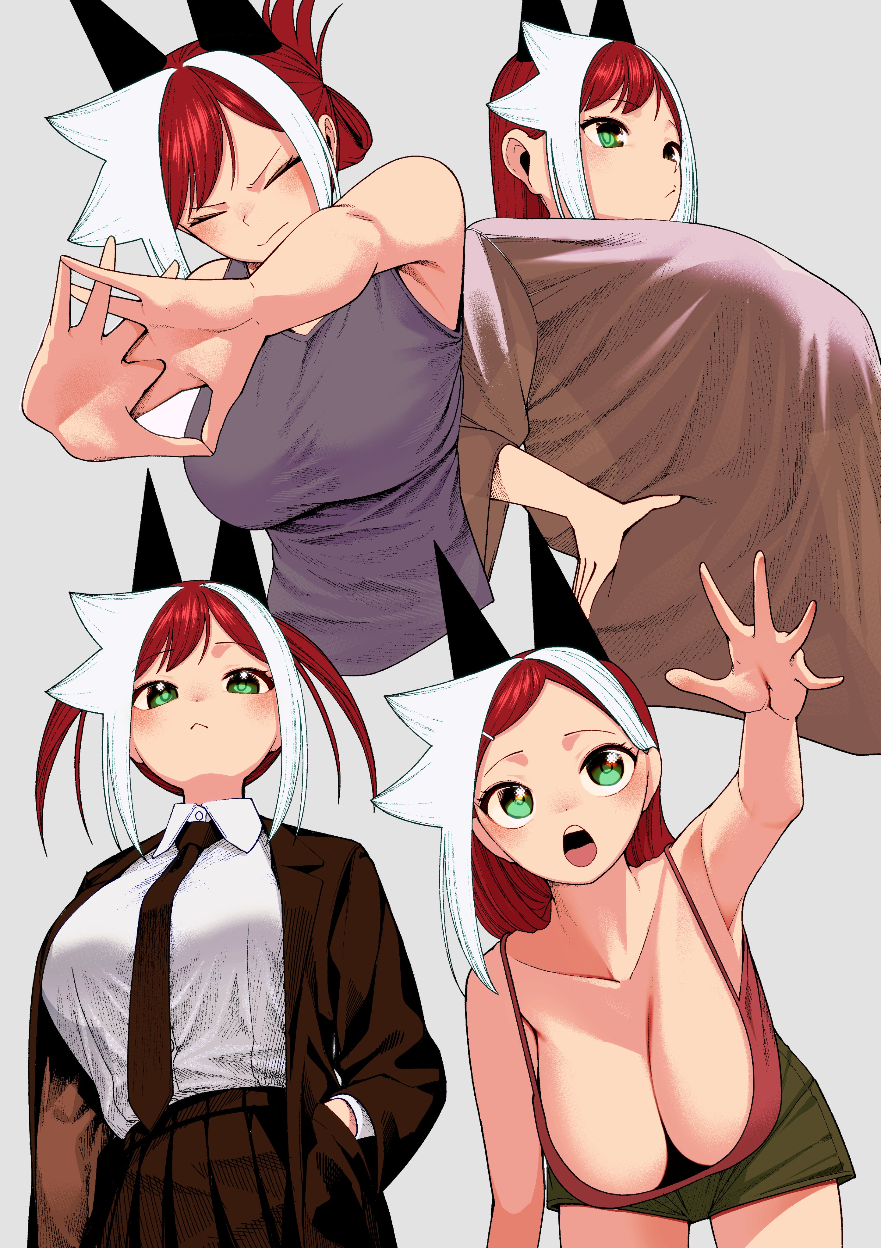 yoshida tatsuya, absurdres, highres, 1girl, aqua eyes, black horns, black jacket, black necktie, black skirt, blazer, breasts, brown shirt, camisole, cleavage, closed mouth, collarbone, collared shirt, grey background, grey tank top, hand in pocket, hand on own hip, horns, jacket, kaijin mira no dai 2 keitai ga kawaisugiru, large breasts, multicolored hair, multiple views, necktie, open mouth, outstretched arm, red camisole, red hair, shirt, simple background, skirt, streaked hair, tank top, white hair, white shirt