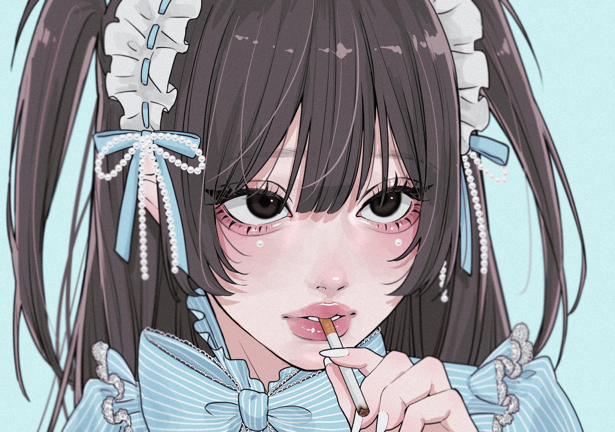 tamori (tamori www), original, highres, 1girl, aegyo sal, aqua background, blue bow, blue collar, blue dress, blue ribbon, blue sleeves, blurry, blush, bow, bowtie, brown eyes, brown hair, cigarette, close-up, collar, depth of field, double-parted bangs, dress, eyelashes, film grain, fingernails, frilled collar, frills, hat, hat ribbon, headdress, holding, holding cigarette, lace-trimmed collar, lace trim, lolita fashion, long fingernails, long hair, looking up, nail polish, parted lips, pearl hat ornament, portrait, puffy sleeves, puritan collar, ribbon, simple background, straight hair, striped clothes, striped dress, thick lips, two side up, white nails