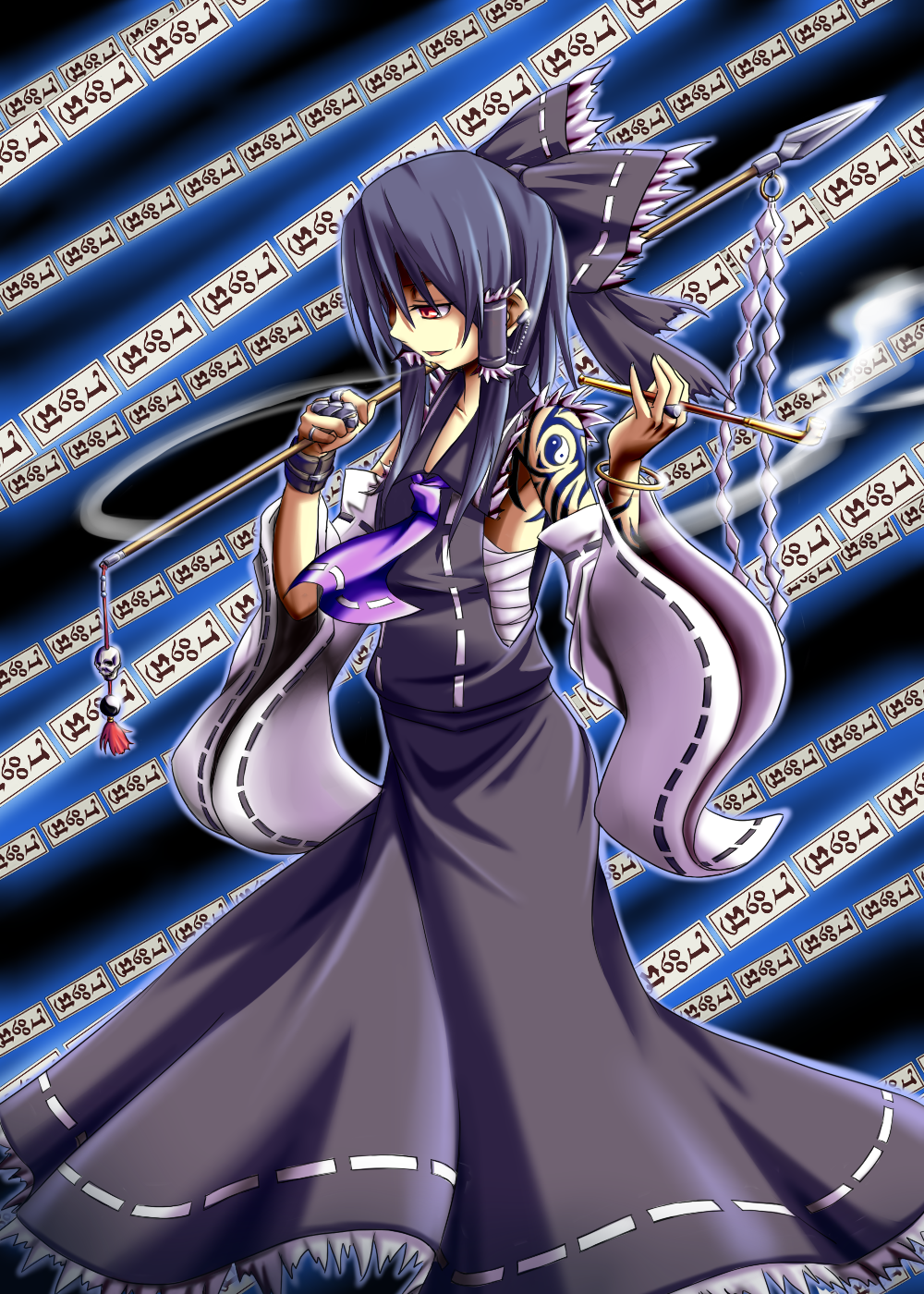 mendou saya, hakurei reimu, maga-reimu, touhou, bad id, bad pixiv id, highres, 1girl, alternate color, black theme, bracelet, female focus, glowing, holding, holding smoking pipe, japanese clothes, jewelry, kiseru, miko, ofuda, polearm, ribbon, ring, shoulder tattoo, smoke, smoking, smoking pipe, solo, spear, tattoo, weapon, yin yang, yin yang tattoo