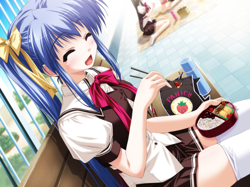 shintarou, kujou amane, kamipani!, game cg, non-web source, 2girls, bench, bento, blue hair, closed eyes, eating, long hair, multiple girls, ponytail, school uniform, serafuku, sitting, solo, thighhighs