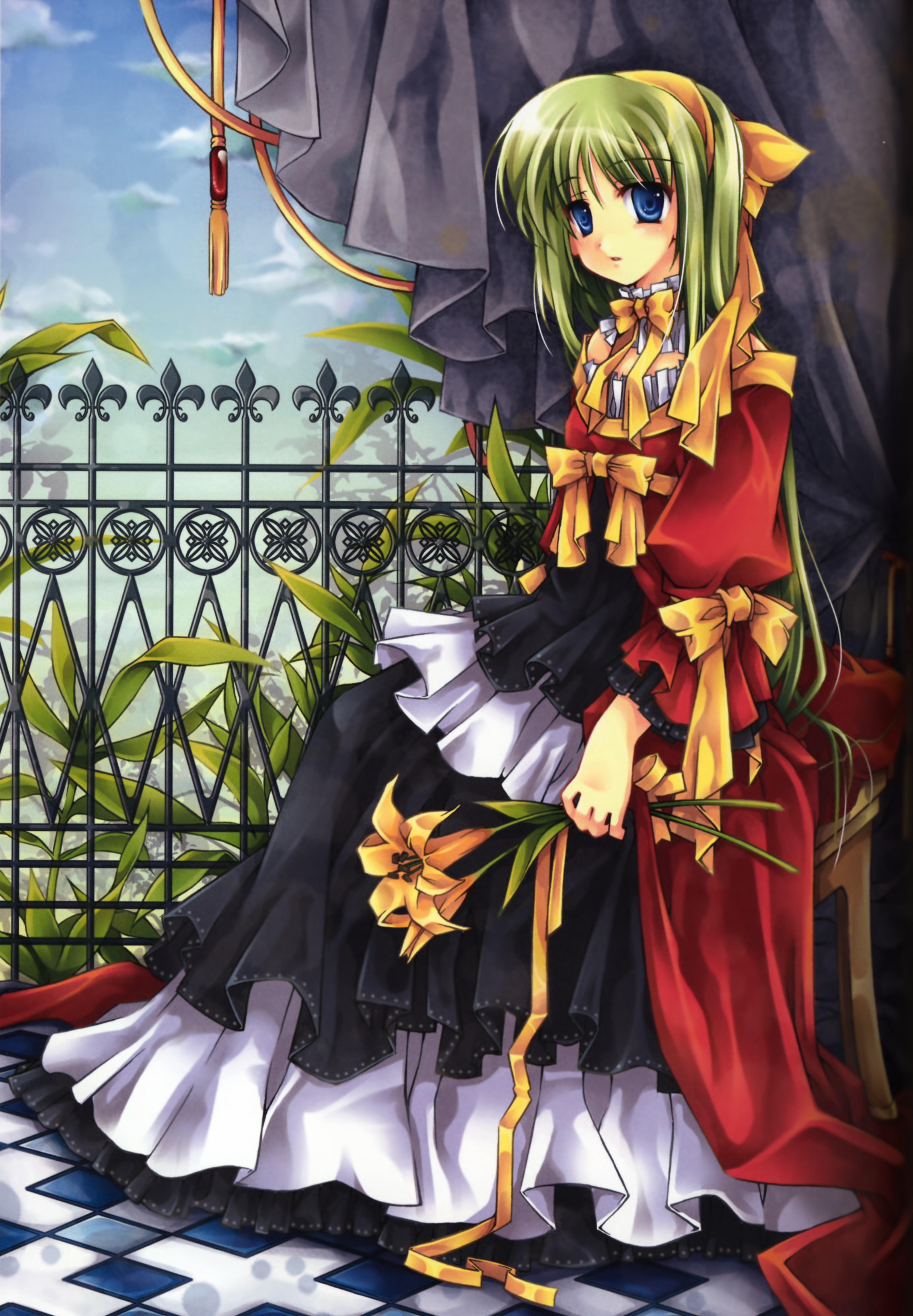 absurdres, highres, blue eyes, dress, flower, green hair, long hair, ribbon, sitting, solo