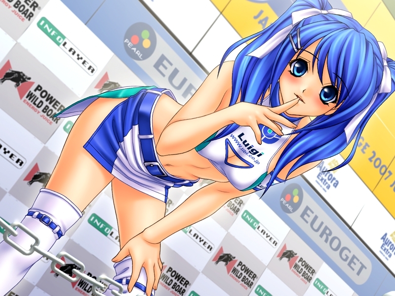 sakashita fubuki, babydoll (game), babydoll (libi), game cg, 1girl, blue eyes, blue hair, blush, breasts, cleavage, dutch angle, female focus, hair ribbon, leaning forward, long hair, looking at viewer, matching hair/eyes, midriff, miniskirt, race queen, ribbon, skirt, solo, thighhighs, twintails