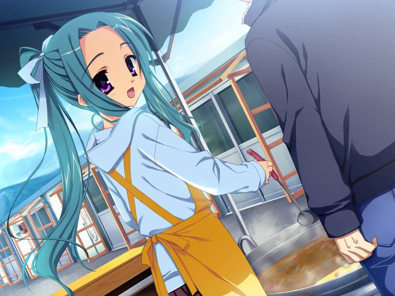 kobuichi, muririn, shichijo sasara, shichijou sasara, natsuzora kanata, game cg, jpeg artifacts, non-web source, 1girl, apron, cooking, dutch angle, green hair, ladle, long hair, ponytail, purple eyes, solo focus