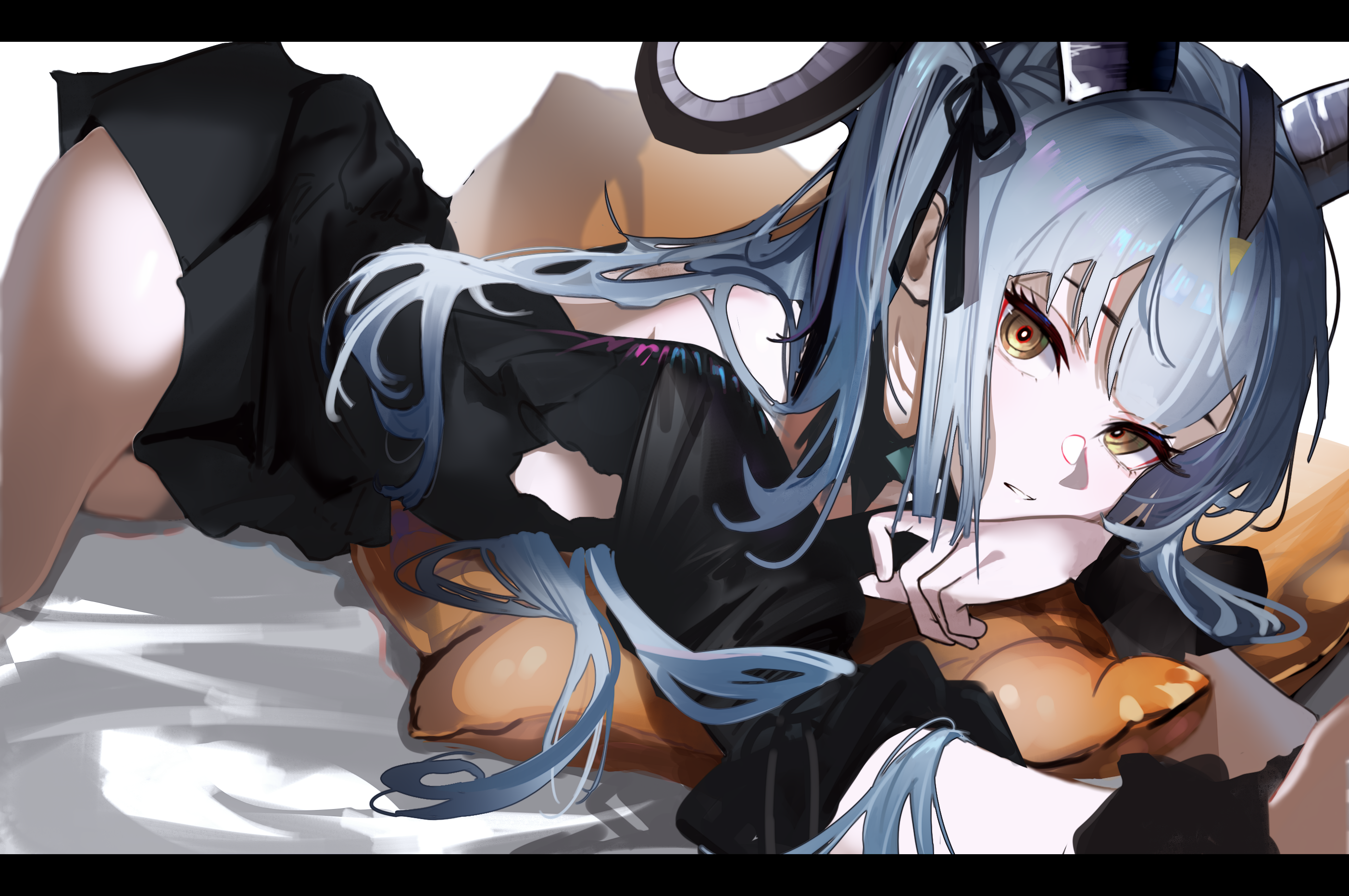 ligod, togawa sakiko, togawa sakiko (master of melodia), arknights, bang dream!, bang dream! it's mygo!!!!!, commentary, highres, 1girl, black ribbon, black wrist cuffs, blue hair, hair ribbon, horns, letterboxed, long hair, looking at viewer, lying, open mouth, ribbon, sidelocks, solo, wrist cuffs, yellow eyes