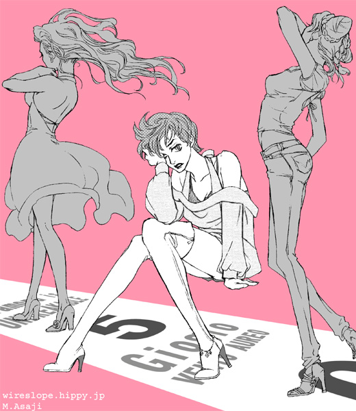 kuujou jolyne, trish una, yamagishi yukako, jojo no kimyou na bouken, vento aureo, 3girls, back, bare shoulders, collarbone, denim, double bun, dress, hair bun, high heels, jeans, lipstick, long hair, makeup, midriff, monochrome, multiple girls, pants, pink background, shoes, short hair, sitting, thighhighs, walking