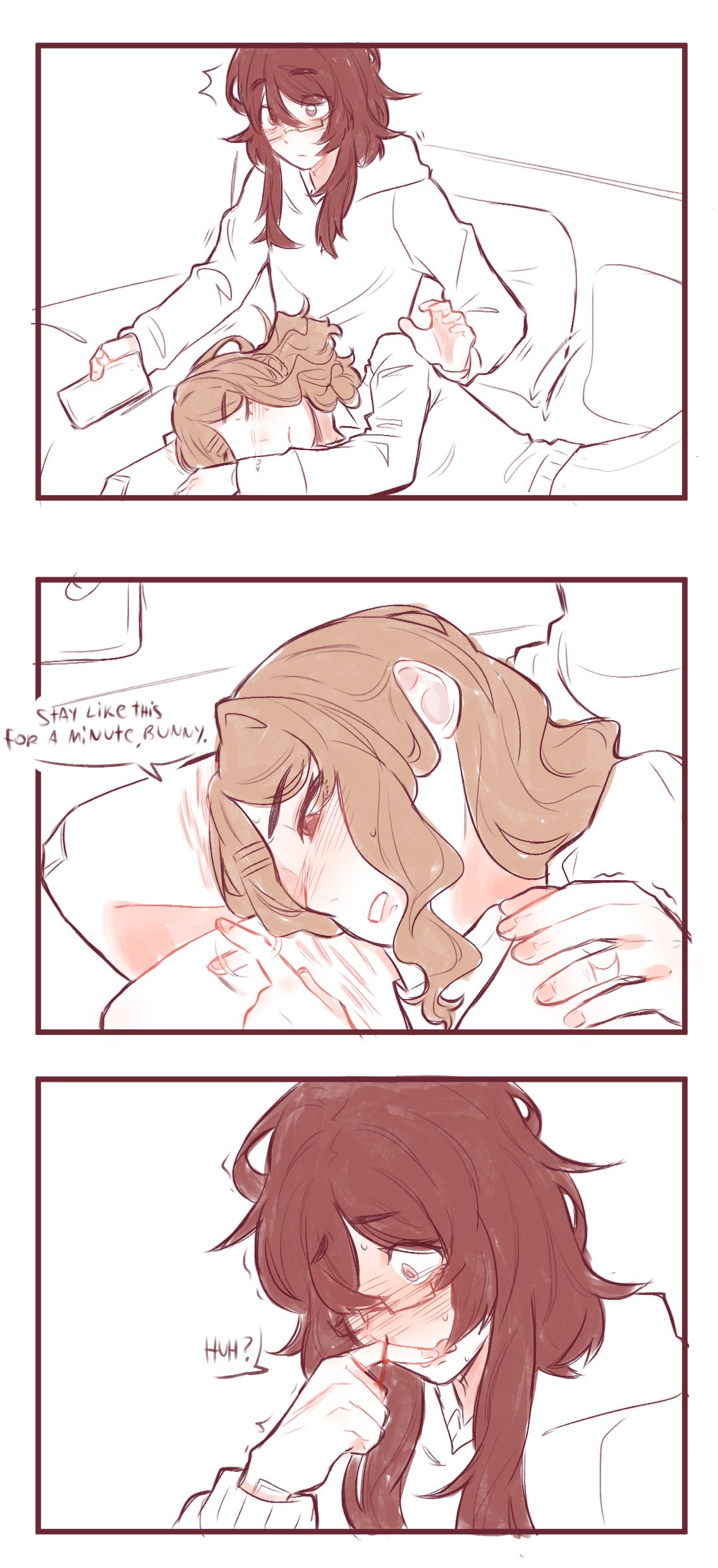 pockiseisont, original, absurdres, commentary, english commentary, highres, 2girls, blood, blush, brown hair, cellphone, closed eyes, closed mouth, english text, glasses, hand on another's shoulder, holding, holding phone, hood, hoodie, lap pillow, long hair, multiple girls, nosebleed, open mouth, phone, pillow, red hair, smartphone, speech bubble, yuri