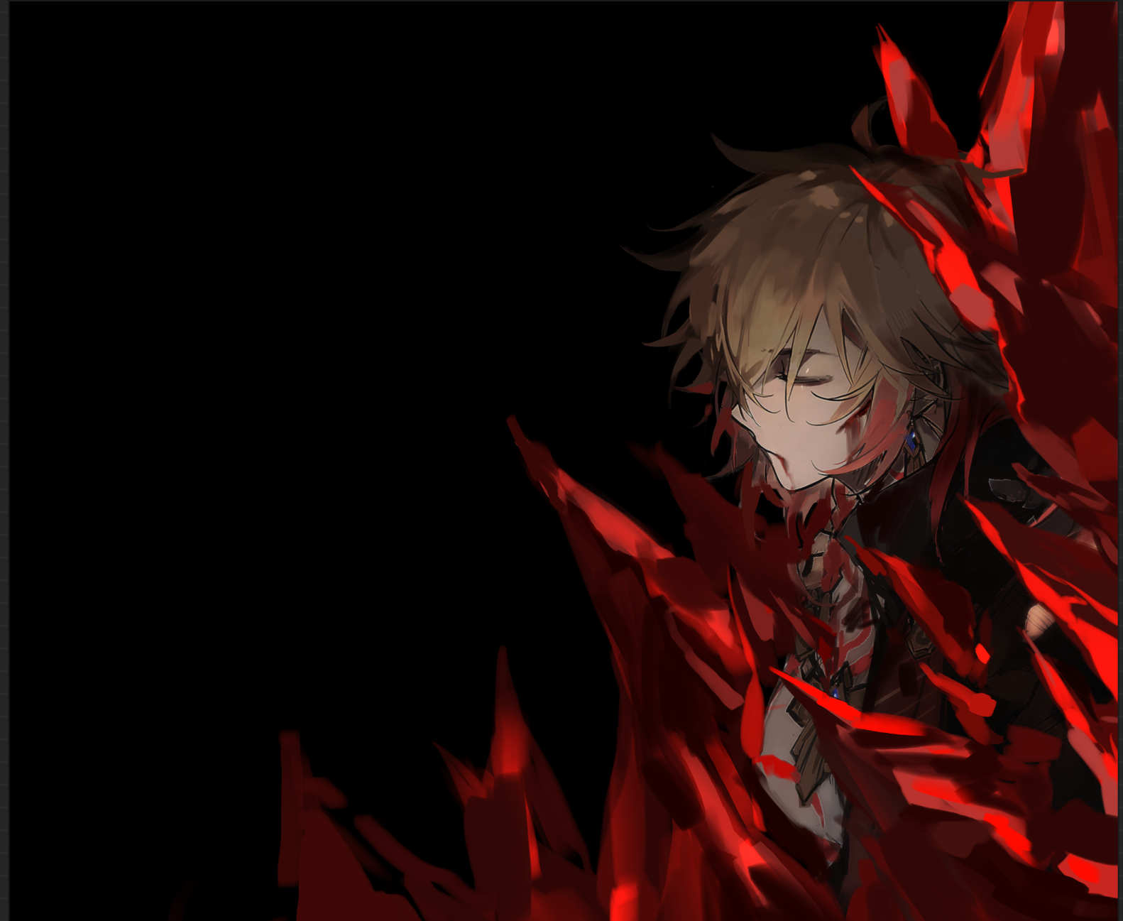 mydei (honkai: star rail), honkai: star rail, honkai (series), highres, 1boy, black background, blonde hair, blood, blood from mouth, braid, chest tattoo, closed eyes, crystal, gold necklace, gradient hair, hehuo30755, jewelry, male focus, medium hair, multicolored hair, necklace, red hair, red tattoo, side braid, simple background, solo, tattoo