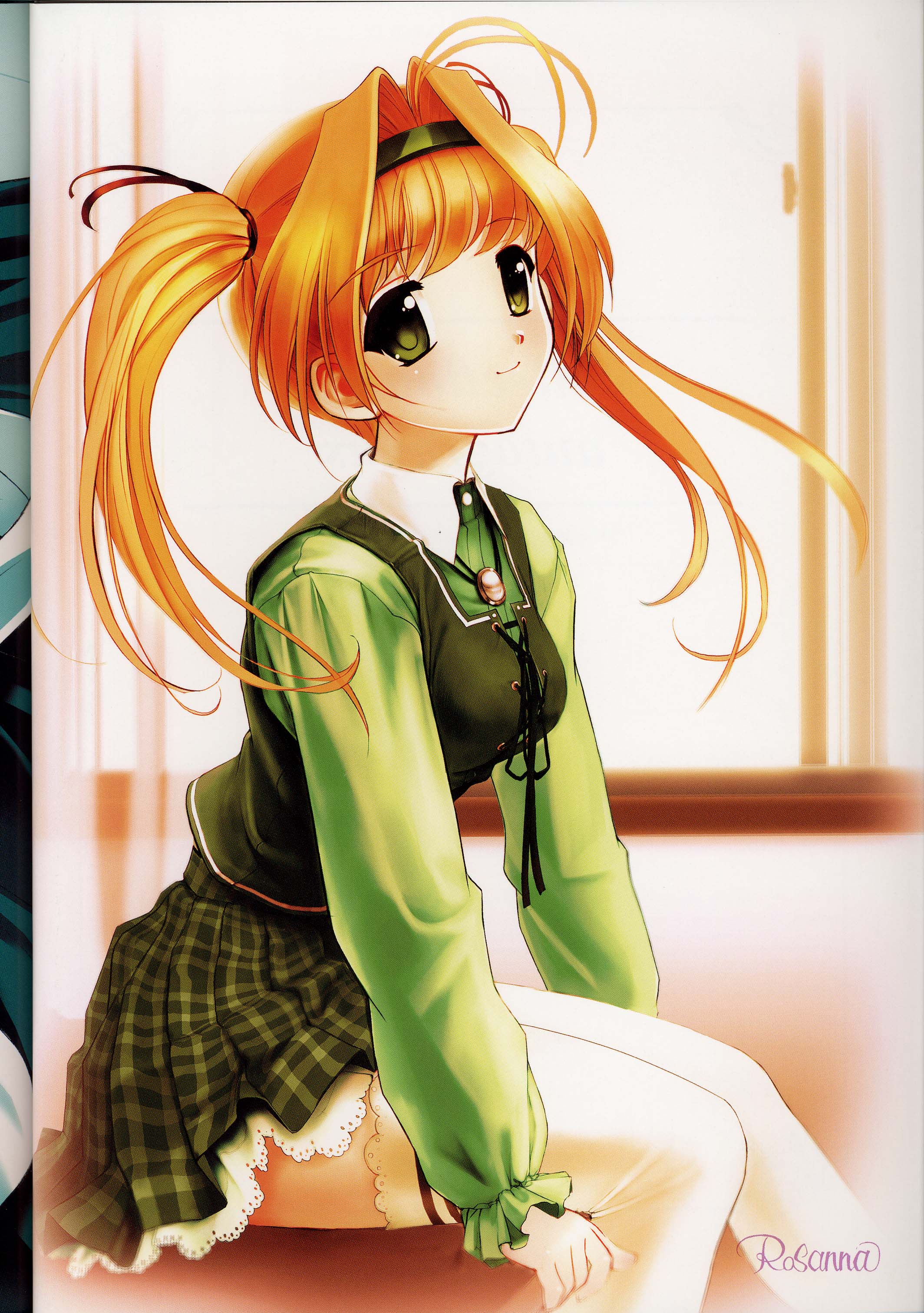 rosanna (mt3t-njr), aoi mirai, maple colors, lace-trimmed legwear, absurdres, highres, scan, scan artifacts, 00s, 1girl, antenna hair, blonde hair, blouse, blurry, brooch, corset, curtains, depth of field, desk, female focus, green eyes, hair intakes, hair ribbon, hairband, indoors, jewelry, lace, lace-trimmed skirt, lace trim, leaning forward, long hair, looking at viewer, looking back, miniskirt, on desk, orange hair, plaid clothes, plaid skirt, pleated skirt, profile, puffy sleeves, ribbon, school uniform, serafuku, shirt, signature, sitting, skirt, smile, solo, thighhighs, transparent, twintails, vest, white thighhighs, window