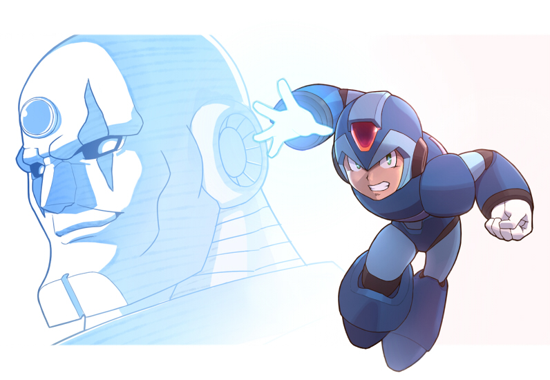 sigma (mega man), x (mega man), mega man (series), mega man maverick hunter x, mega man x (series), 2boys, android, armor, bald, blue armor, blue helmet, clenched hand, clenched teeth, evil eyes, facial mark, forehead jewel, full body, gloves, glowing, glowing hand, green eyes, helmet, jewelry, looking at another, may (nicoseiga 32709921), multiple boys, robot, robot ears, teeth, white gloves