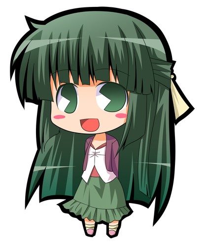 suntail, yoshinoya (hidamari sketch), hidamari sketch, lowres, 00s, chibi, dress, green eyes, green hair, pac-man eyes, smile, solo