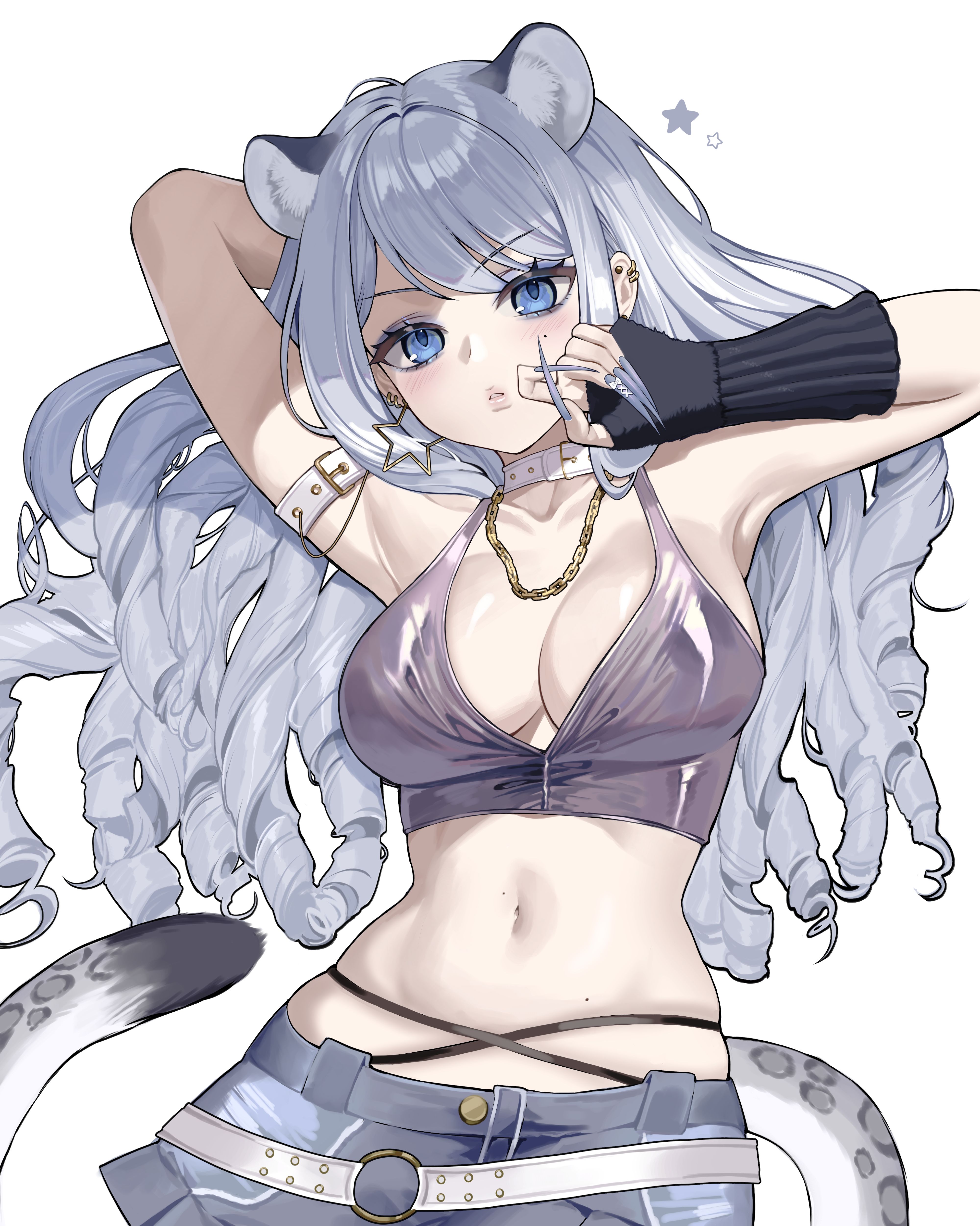 ddungddang, original, absurdres, commission, highres, 1girl, arm behind head, arm belt, armpits, arms up, bare shoulders, belt, black gloves, breasts, chain, chain necklace, choker, claw pose, cleavage, cowboy shot, crop top, earrings, extra ears, fingerless gloves, fingernails, gloves, grey shirt, grey skirt, jewelry, large breasts, long fingernails, long hair, looking at viewer, midriff, miniskirt, mole, mole on stomach, mole under eye, navel, necklace, parted lips, ringlets, sharp fingernails, shirt, sidelocks, simple background, single glove, skirt, sleeveless, sleeveless shirt, snow leopard ears, snow leopard girl, snow leopard tail, solo, stomach, very long fingernails, white background, white choker