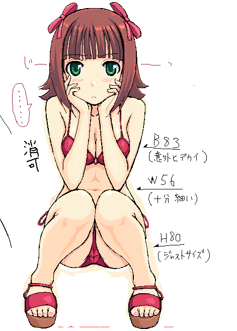 takayaki, amami haruka, idolmaster, idolmaster (classic), idolmaster 1, non-web source, 00s, 1girl, bikini, brown hair, female focus, green eyes, hands on own cheeks, hands on own face, measurements, oekaki, pixel art, platform sandals, red bikini, sandals, short hair, simple background, sitting, solo, squatting, string bikini, swimsuit, white background