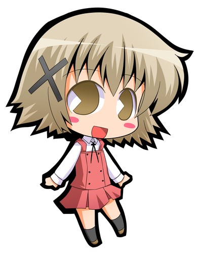 suntail, yuno (hidamari sketch), hidamari sketch, lowres, 00s, brown eyes, brown hair, chibi, hair ornament, hairclip, pac-man eyes, school uniform, serafuku, smile, solo, yamabuki high school uniform