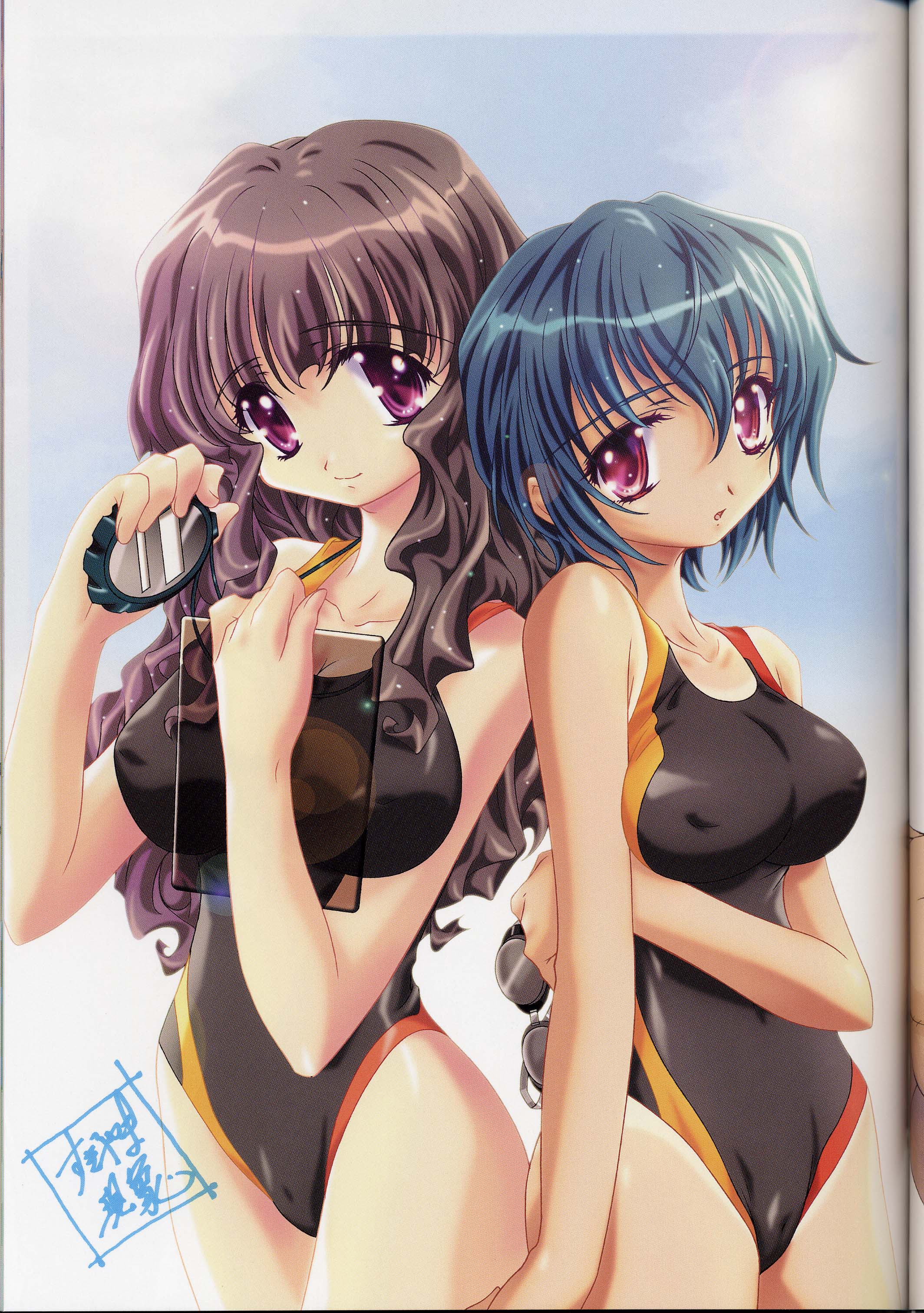 sugiyama genshou, sakamoto kanako, suzuhara sora, maple colors, absurdres, highres, scan, scan artifacts, 00s, 2girls, :o, back-to-back, black hair, blue hair, breasts, cameltoe, clipboard, cloud, competition swimsuit, covered erect nipples, day, goggles, gradient hair, hair between eyes, holding, holding stopwatch, large breasts, lens flare, long hair, looking at viewer, multicolored hair, multiple girls, one-piece swimsuit, one-piece tan, open mouth, outdoors, pink eyes, purple eyes, purple hair, school swimsuit, short hair, sidelocks, skin tight, sky, smile, standing, stopwatch, swimsuit, tan, tanline, transparent, watch, wavy hair