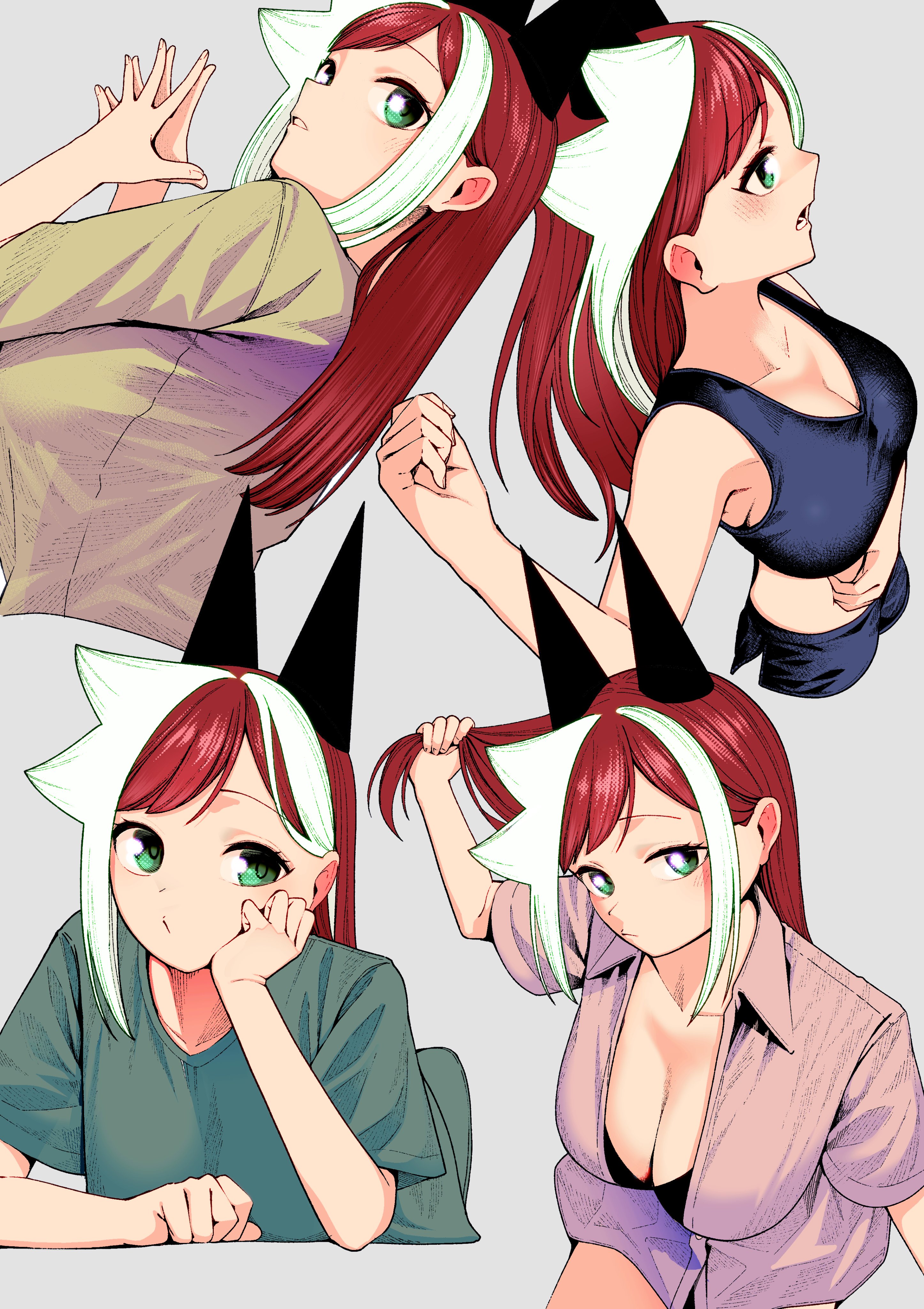 yoshida tatsuya, absurdres, highres, 1girl, black horns, black sports bra, breasts, cleavage, collared shirt, green shirt, grey background, hand on own cheek, hand on own face, head rest, holding, holding own hair, horns, kaijin mira no dai 2 keitai ga kawaisugiru, large breasts, long hair, lying, midriff, multicolored hair, multiple views, on stomach, open mouth, own hands together, parted lips, pink shirt, red hair, shirt, simple background, sports bra, steepled fingers, streaked hair, white hair, yellow shirt