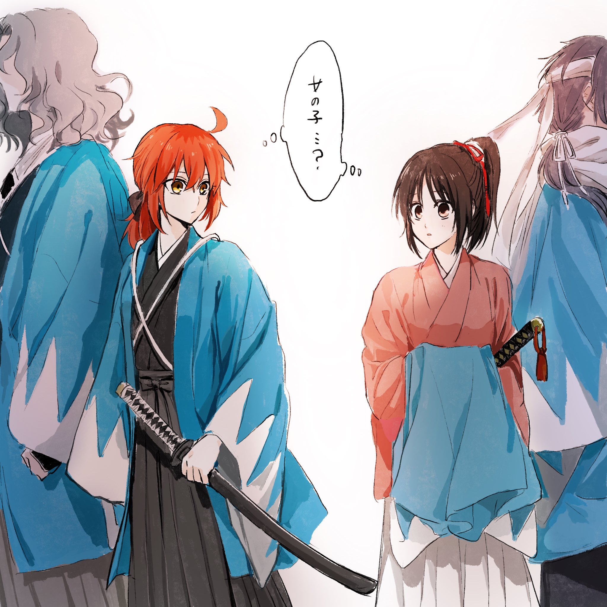 soda (tntz8225), fujimaru ritsuka (female), saitou hajime (fate), saitou hajime (hakuouki), saitou hajime (third ascension) (fate), yukimura chizuru, fate/grand order, fate (series), hakuouki shinsengumi kitan, highres, translated, 2boys, 2girls, aqua haori, black bow, black hair, black hakama, black kimono, bow, crossover, grey hair, grey hakama, hair over shoulder, hakama, haori, headband, holding, holding sword, holding weapon, japanese clothes, katana, kimono, long hair, looking at another, low ponytail, multiple boys, multiple girls, official alternate costume, official alternate hairstyle, orange eyes, orange hair, pink kimono, ponytail, scarf, sheath, shinsengumi, speech bubble, sword, thought bubble, wavy hair, weapon, white hakama, white headband, white scarf