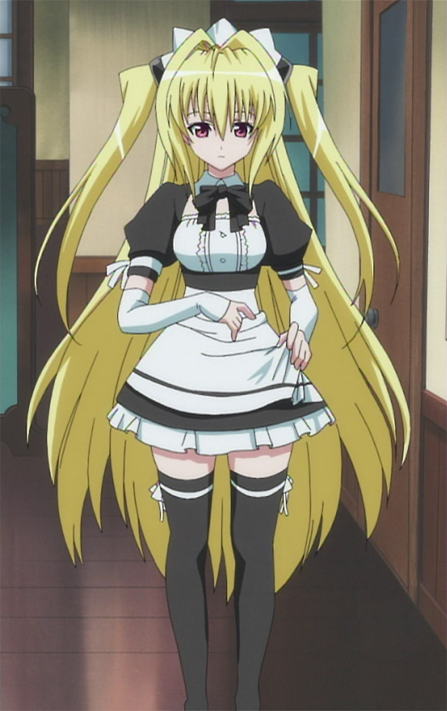 konjiki no yami, to love-ru, anime screenshot, non-web source, stitched, third-party edit, 00s, 1girl, blonde hair, detached sleeves, female focus, long hair, maid, red eyes, solo, thighhighs, twintails, two side up, very long hair, zettai ryouiki