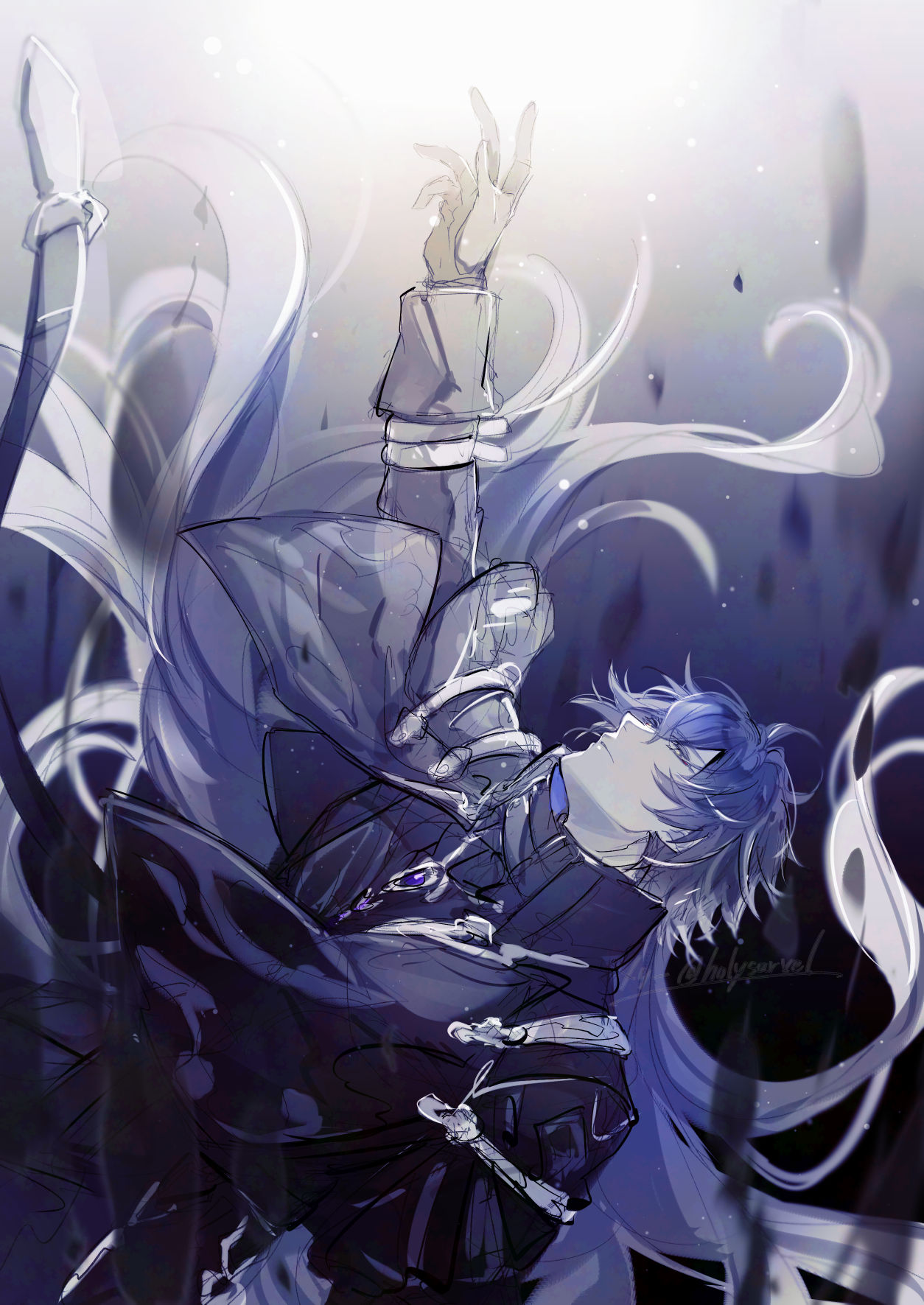 merry (secilhodoshima), flins (genshin impact), genshin impact, highres, unfinished, 1boy, black coat, black gloves, blue hair, closed mouth, coat, falling, floating hair, gloves, long hair, looking to the side, male focus, outstretched arm, parted bangs, sketch, sleeve cuffs, solo, very long hair, yellow eyes