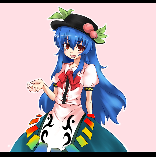 hiiragi mitsuna, mitsunan (pixiv), hinanawi tenshi, touhou, 1girl, blue hair, female focus, food, fruit, hat, long hair, peach, ribbon, solo