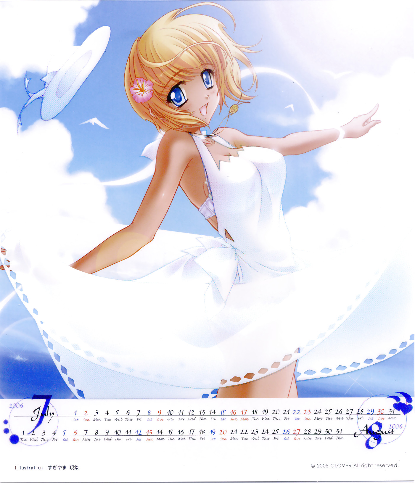 sugiyama genshou, mizuki (quilt), quilt (game), highres, blanket, blonde hair, blue eyes, bra, breasts, calendar, dark-skinned female, dark skin, day, dress, flower, hat, jewelry, large breasts, lingerie, necklace, open mouth, quilt, short hair, solo, sundress, underwear, white dress, wind