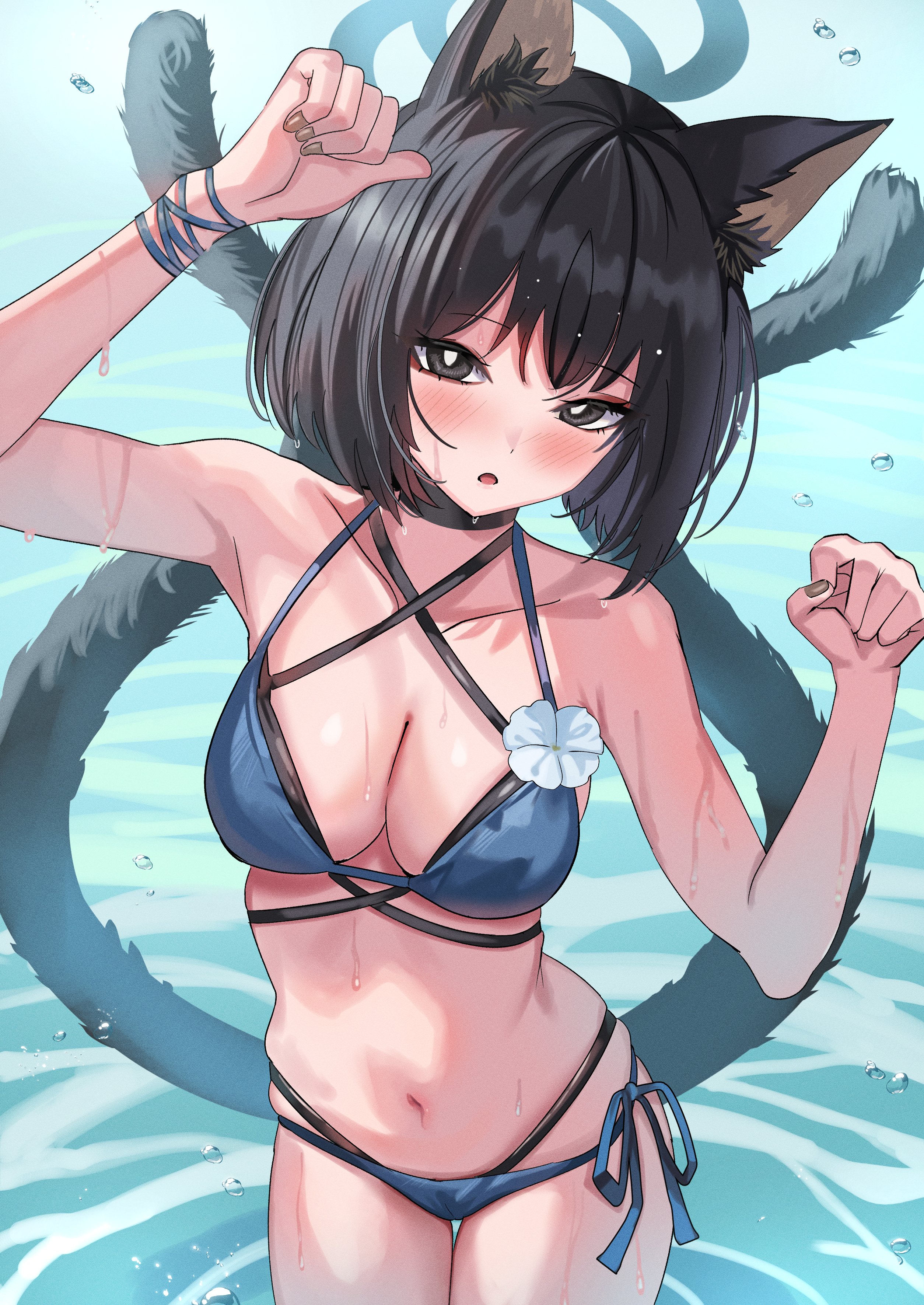 ame sagari, kikyou (blue archive), kikyou (swimsuit) (blue archive), blue archive, absurdres, commentary, highres, 1girl, animal ear fluff, animal ears, bikini, black bikini, black choker, black eyes, black hair, black nails, blush, bracelet, breasts, cat ears, cat girl, cat tail, choker, cleavage, collarbone, cowboy shot, criss-cross halter, hair between eyes, halterneck, in water, jewelry, looking at viewer, medium breasts, multiple tails, nail polish, navel, nekomata, ocean, official alternate costume, outdoors, parted lips, shallow water, short hair, sidelocks, solo, standing, stomach, swimsuit, tail, two tails, water, wet