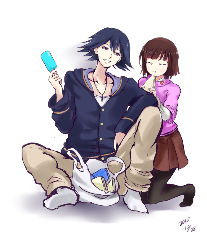 cry-planet, tachibana yui, chaos;child, science adventure, 1boy, 1girl, black hair, black pants, black pantyhose, blush, brown eyes, brown hair, brown skirt, casual, closed eyes, collarbone, food, full body, good end, holding, itou shinji (chaos;child), jacket, long hair, long sleeves, looking at viewer, miniskirt, no shoes, open mouth, pants, pantyhose, shirt, short hair, simple background, sitting, skirt, smile, socks, white background, white socks